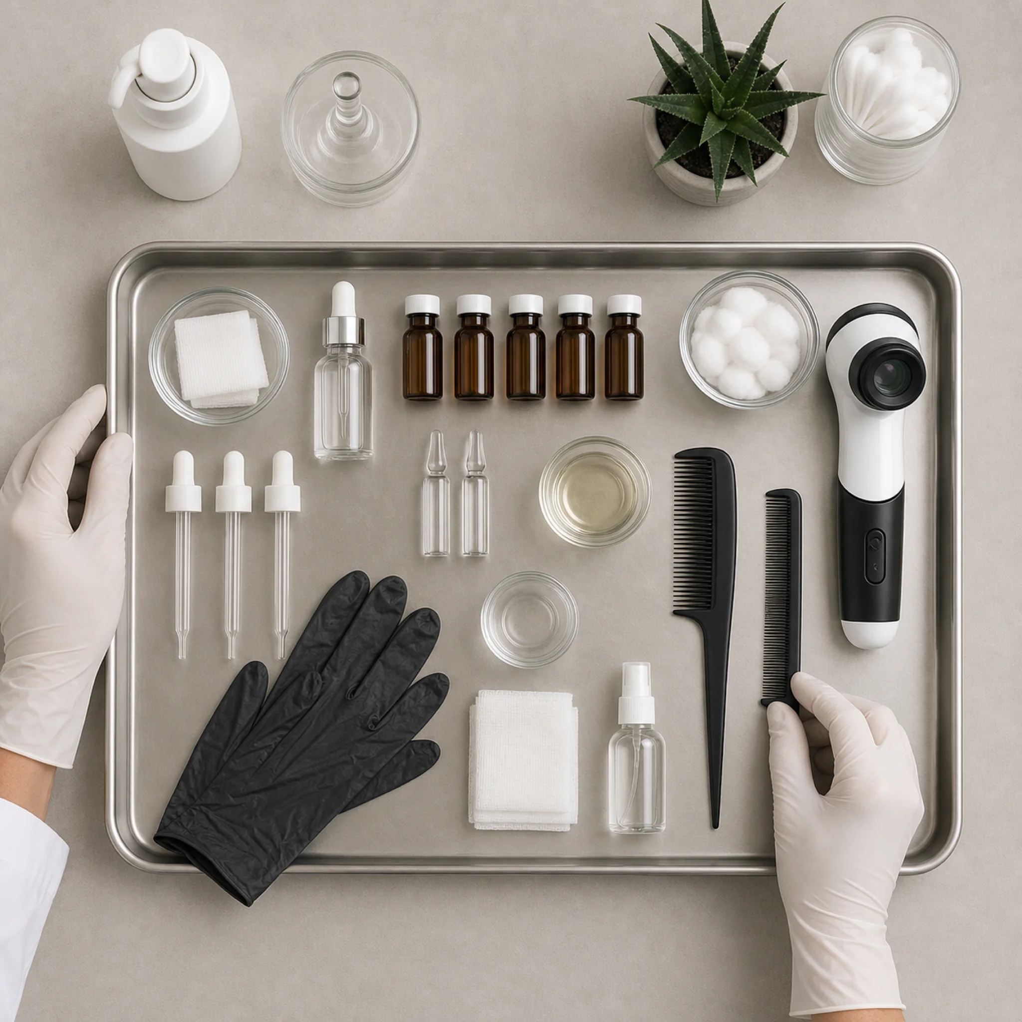 Trichologist treatment tray with peptide vials, microneedling device, and examination tools