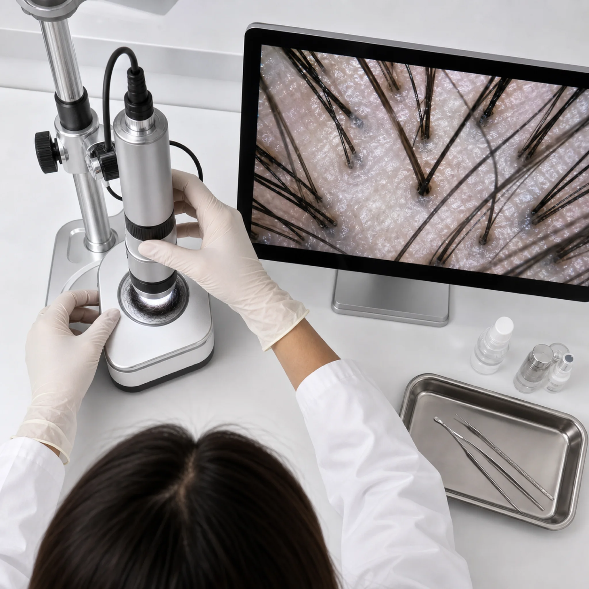 Trichoscope device analyzing hair follicle density in a clinical setting