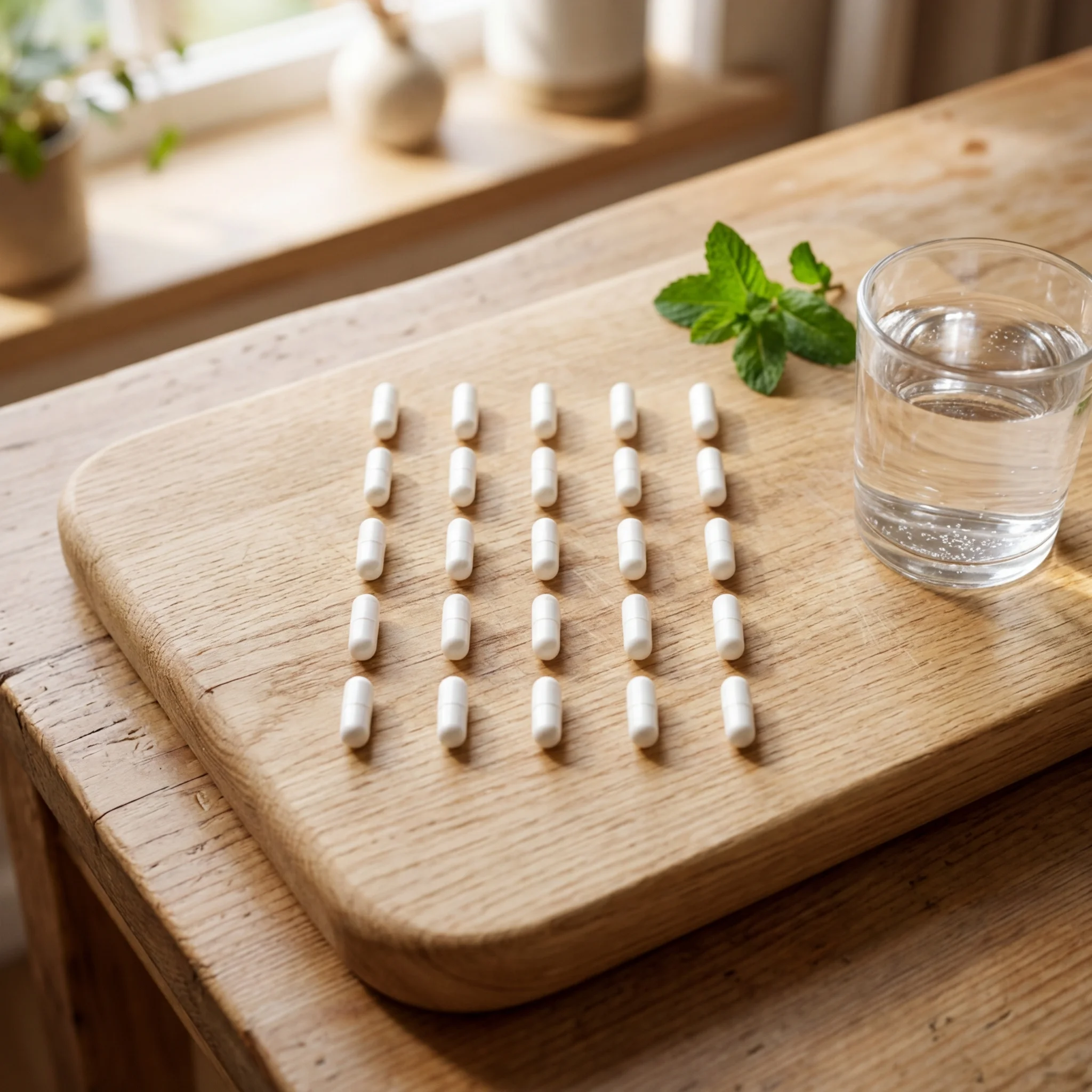 White TUDCA supplement capsules arranged on a wooden surface next to a glass of water