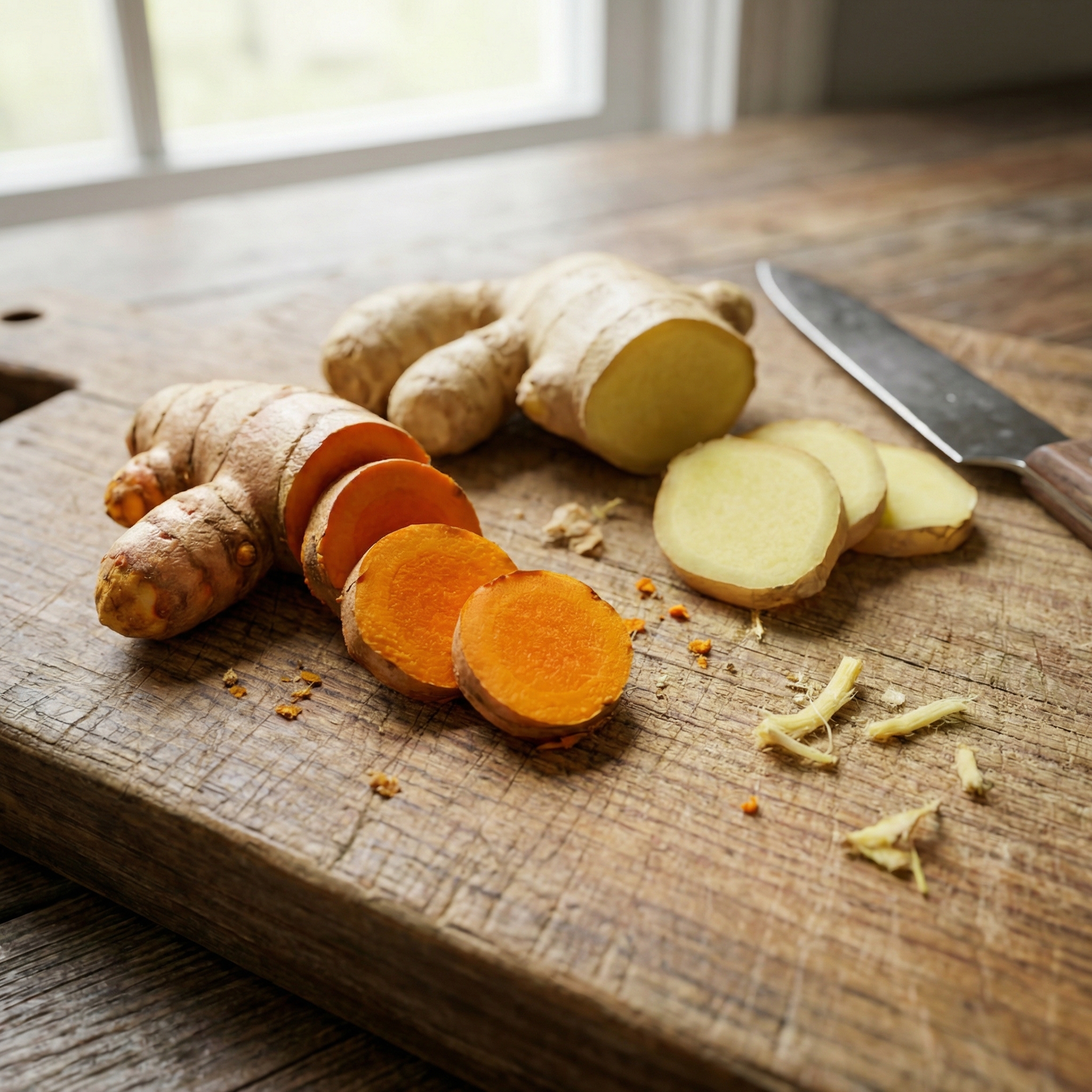 Fresh turmeric and ginger roots with vibrant orange and yellow cross-sections on a cutting board