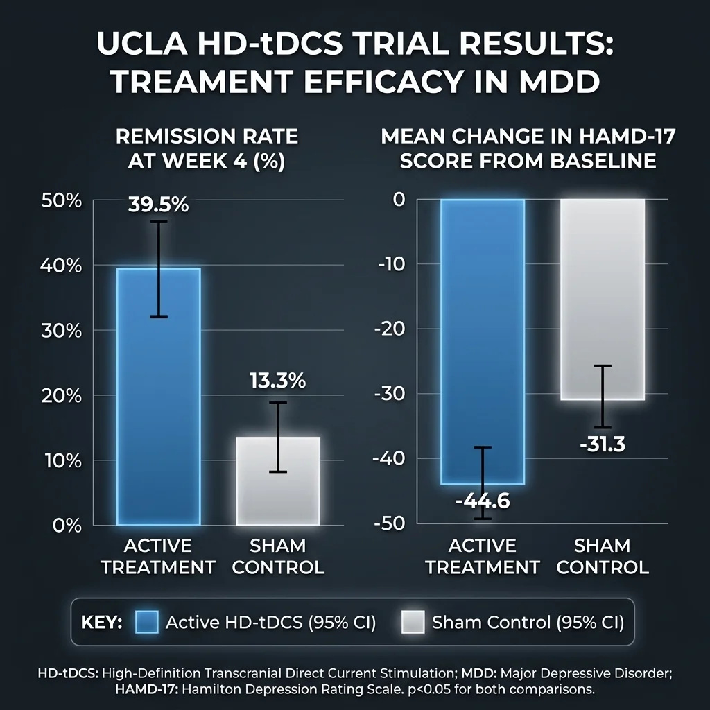 Bar chart comparing UCLA HD-tDCS trial outcomes showing significantly higher remission rates and mood improvement in the active treatment group versus sham