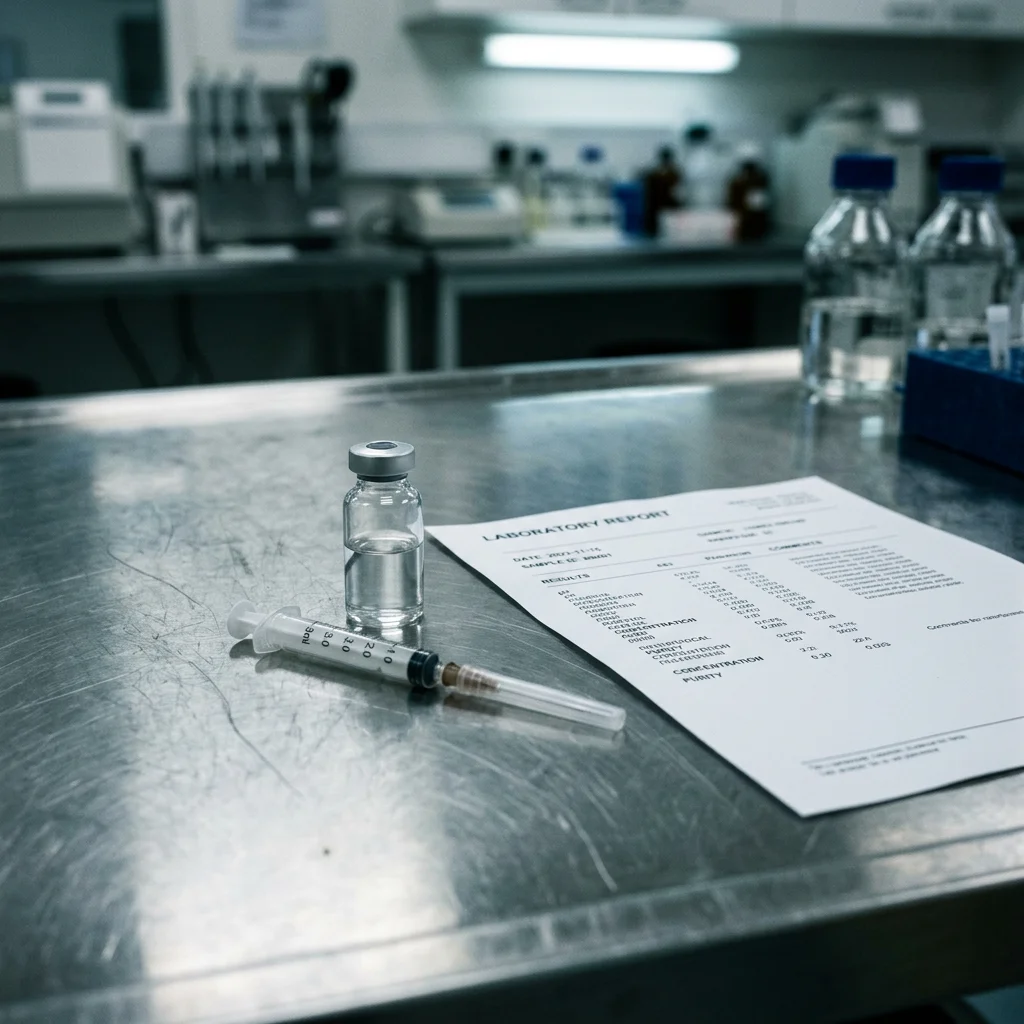 An unlabeled vial with a syringe next to a lab quality report, evoking the regulatory and contamination concerns around peptides sold online.