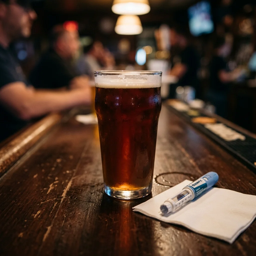 An untouched beer glass beside a medical injection pen on a bar counter