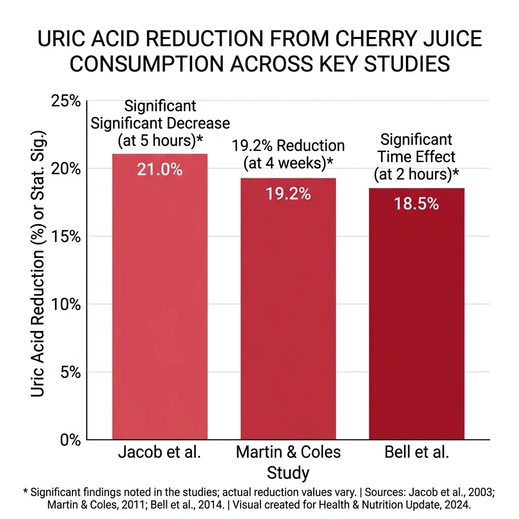 Bar chart showing serum uric acid reduction from tart cherry juice across three clinical studies