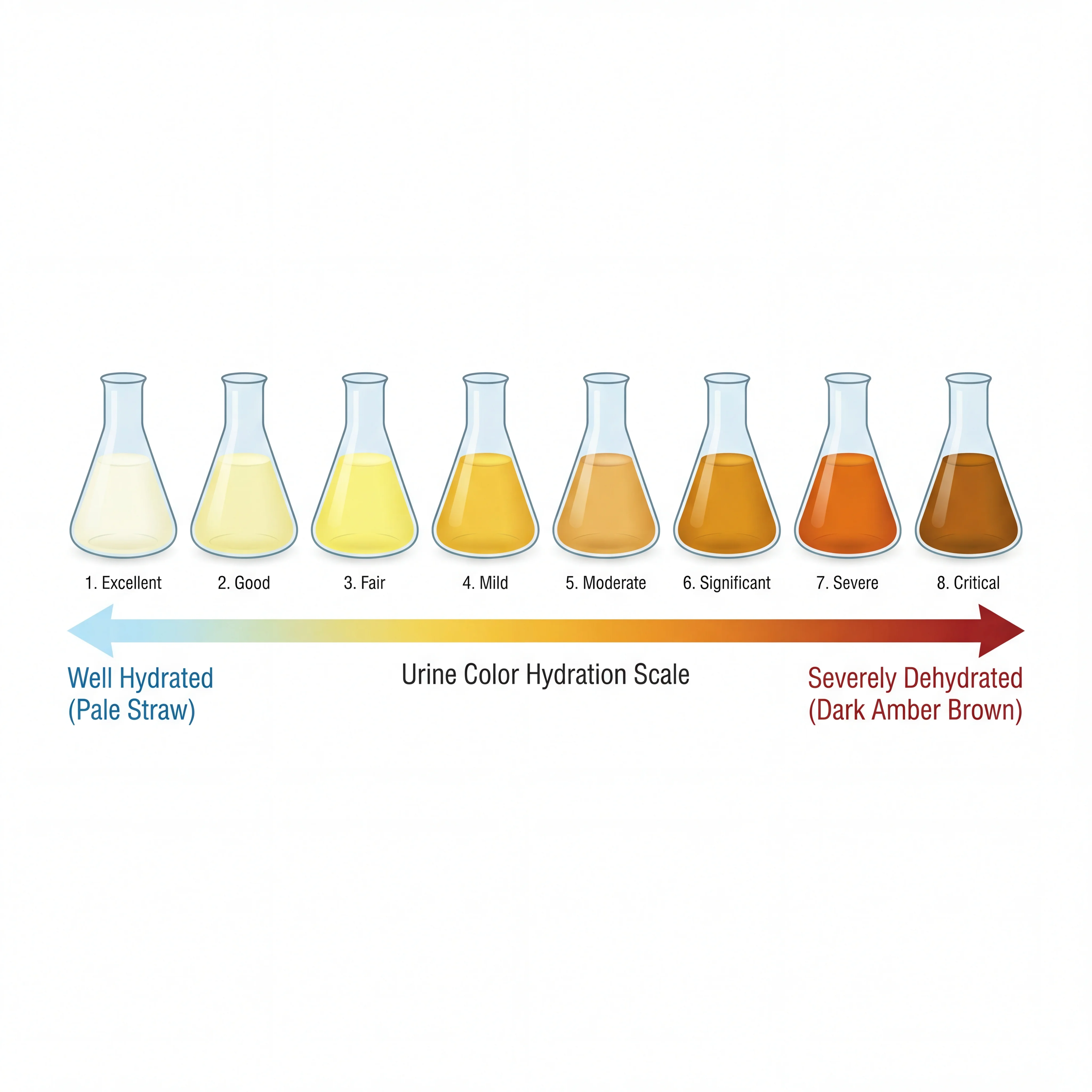Infographic showing urine color gradient from pale straw indicating good hydration to dark amber indicating dehydration