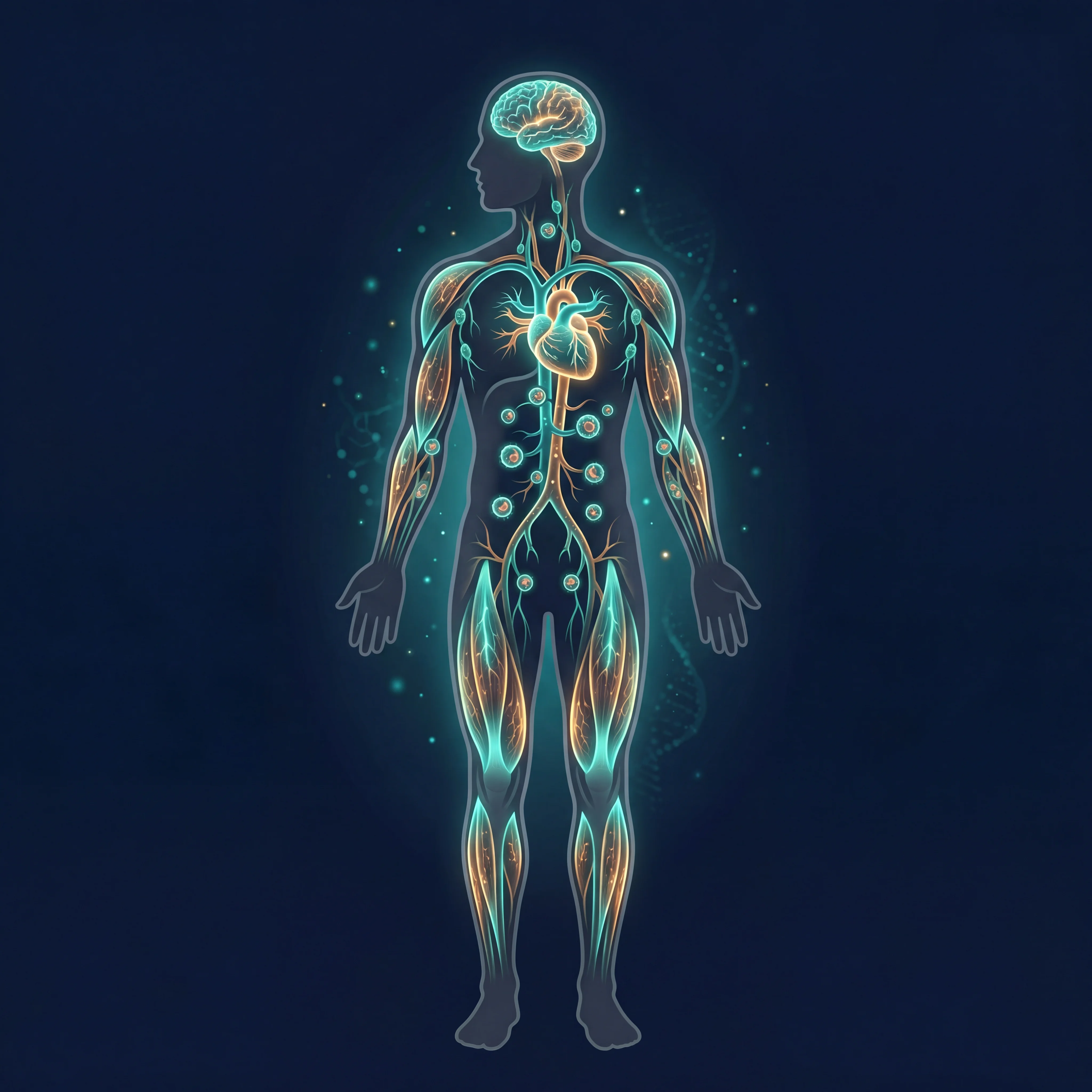 Diagram showing urolithin A benefits across multiple organ systems including muscle, heart, brain, and immune cells