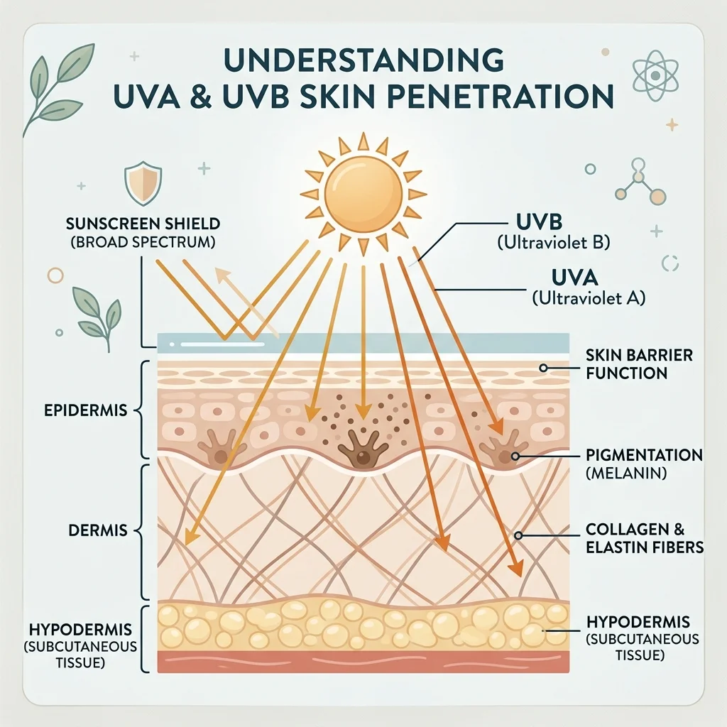 Infographic comparing UVA and UVB effects on skin layers