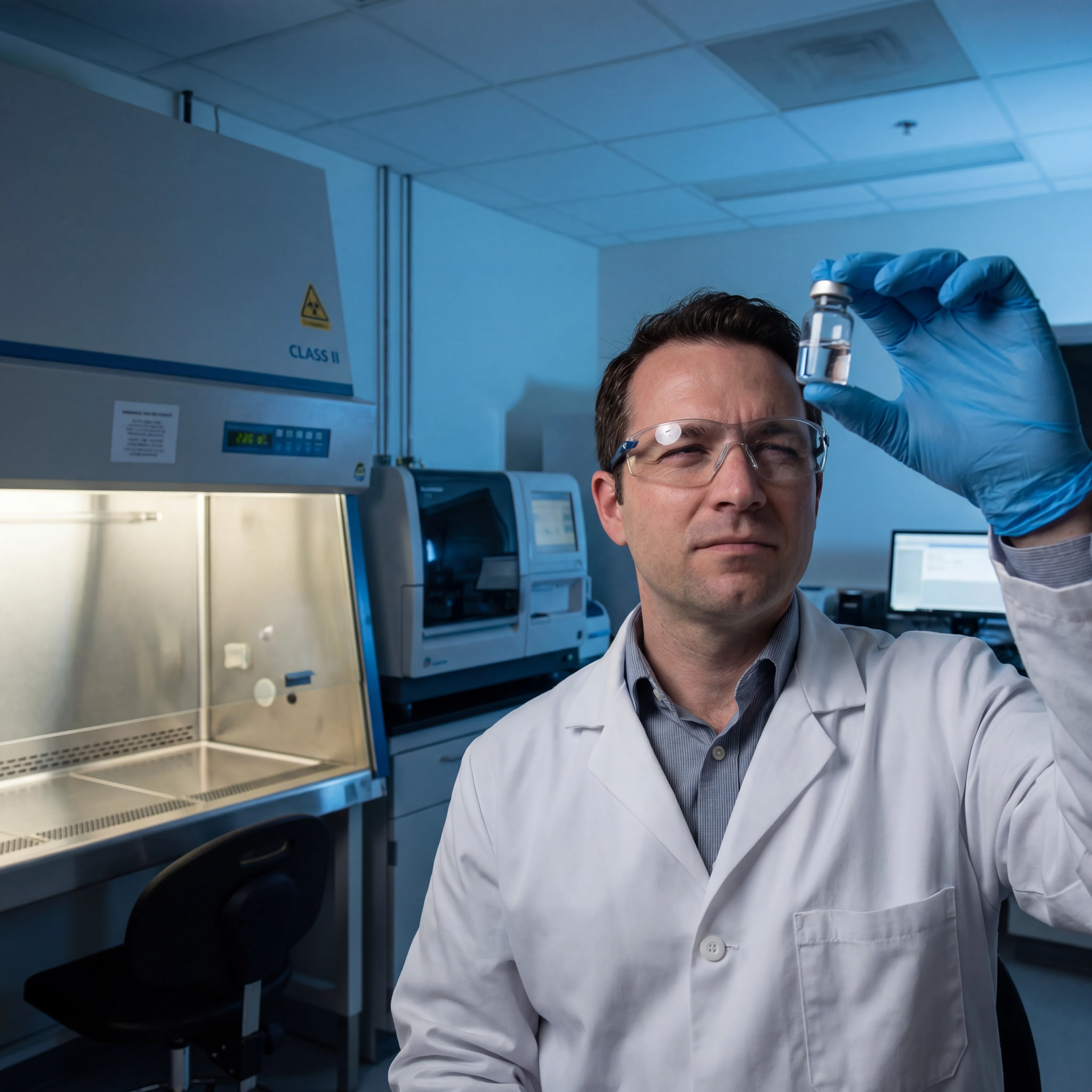 Scientist examining vials in a modern virology laboratory with biosafety equipment