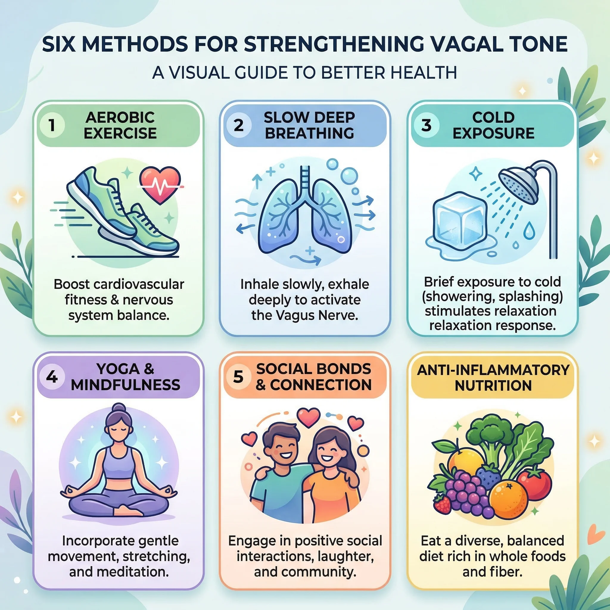 Visual guide showing six methods for strengthening vagal tone including exercise breathing cold exposure yoga social connection and nutrition