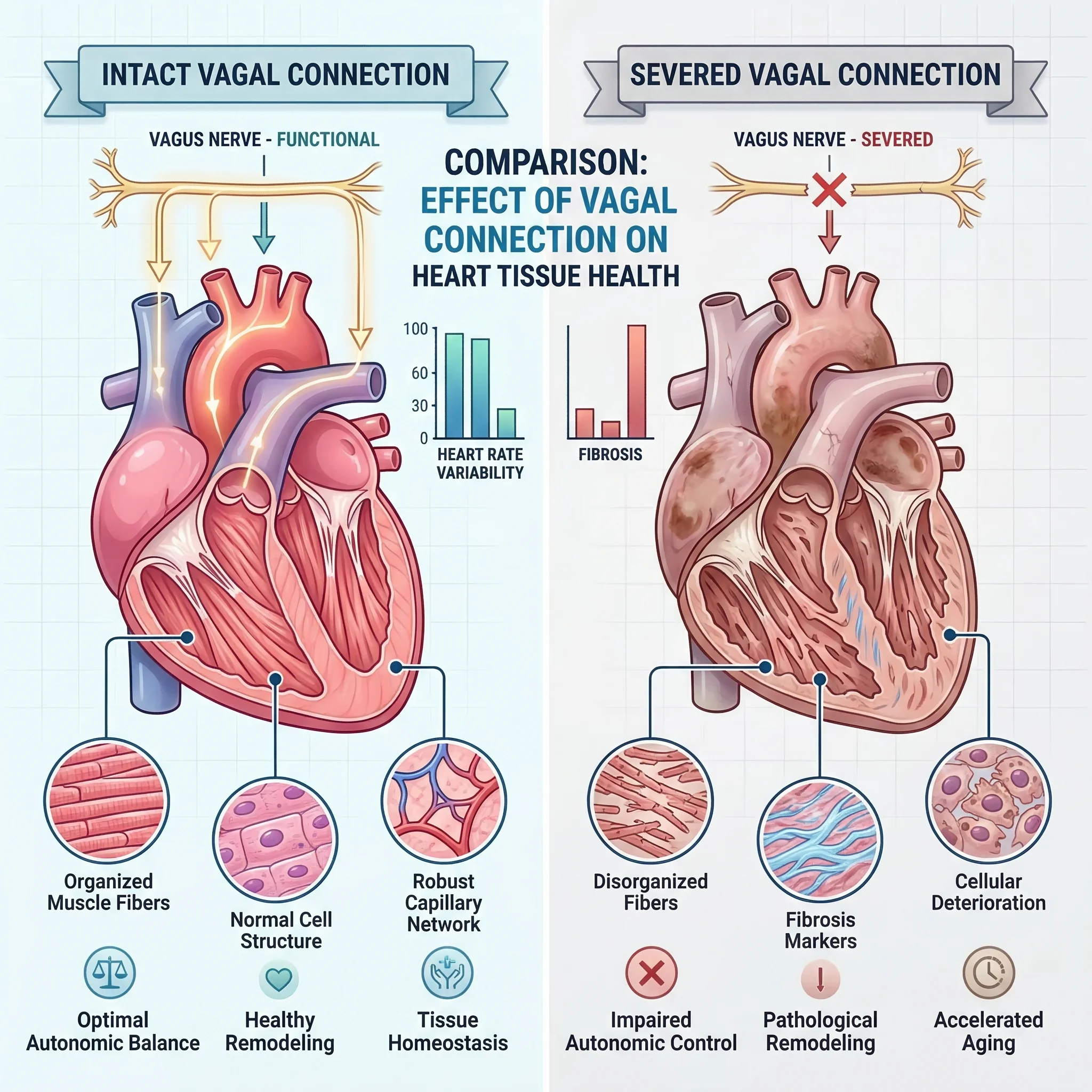 Infographic comparing heart tissue with intact vagal connection versus severed connection showing cellular aging differences