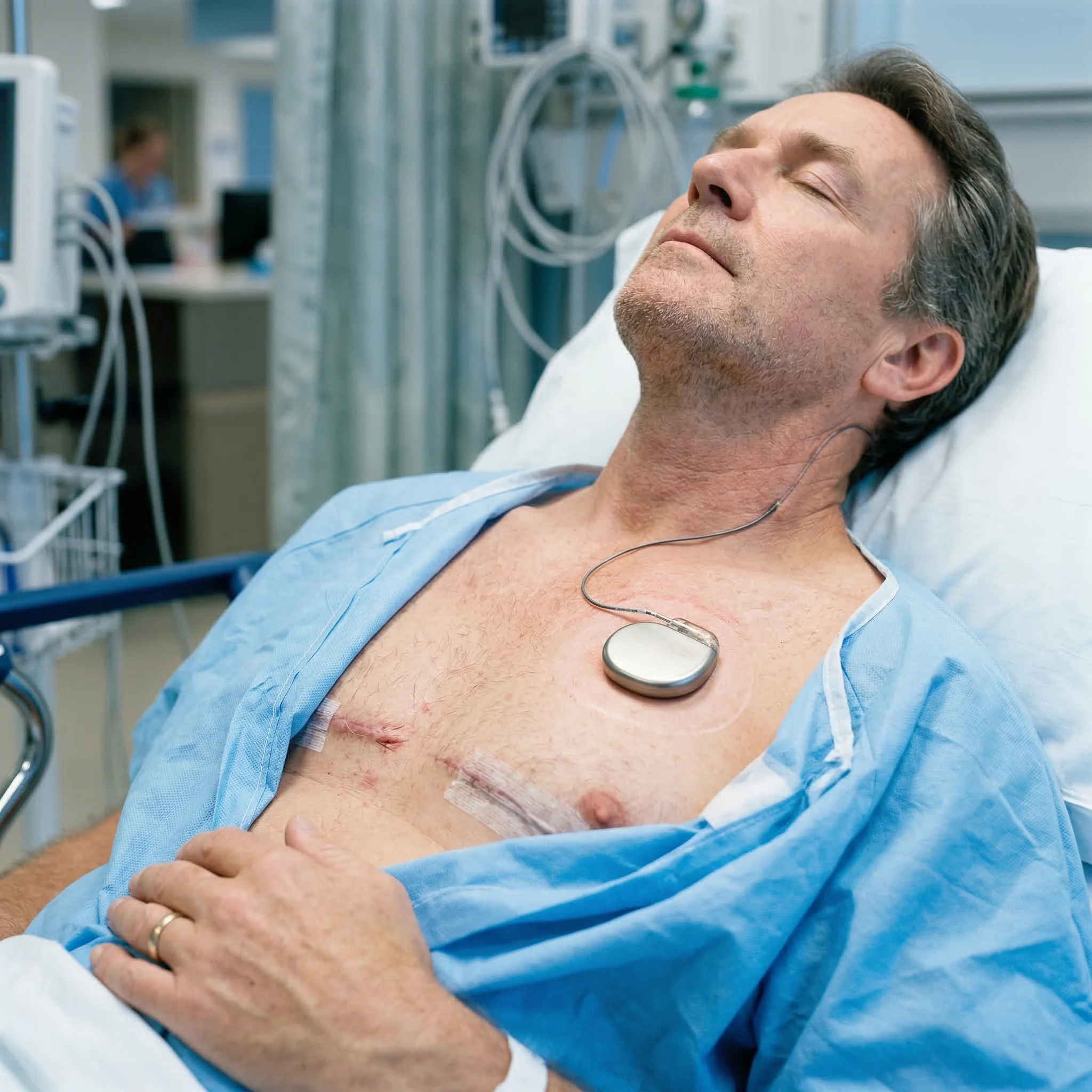 Modern implantable vagus nerve stimulation device shown in clinical setting with electrode wire connecting to the cervical vagus nerve