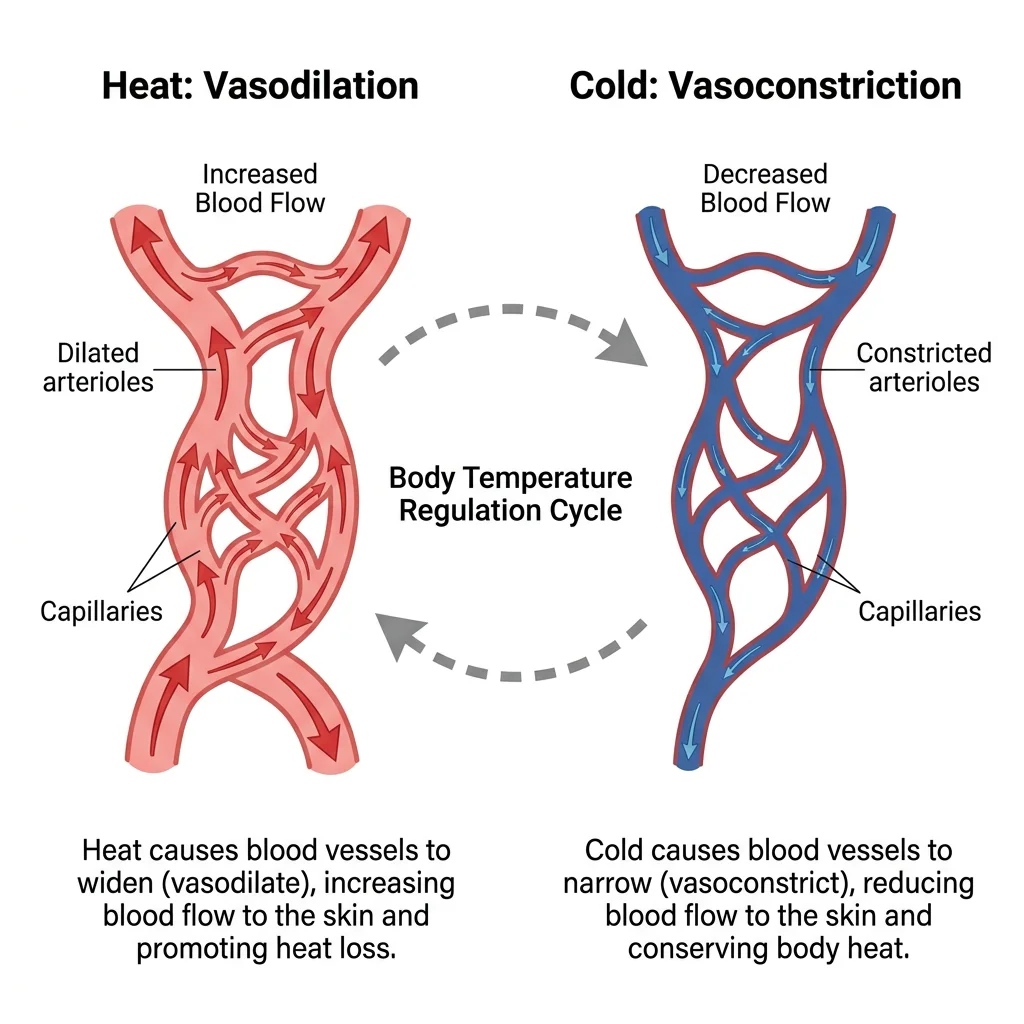 Infographic showing blood vessel dilation during heat exposure and constriction during cold immersion with arrows indicating blood flow direction