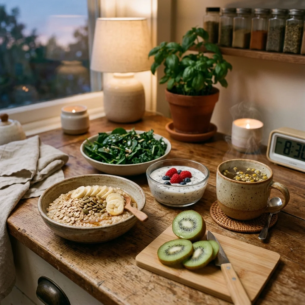 Vegan foods that provide tryptophan, magnesium, fiber, and polyphenols for sleep support