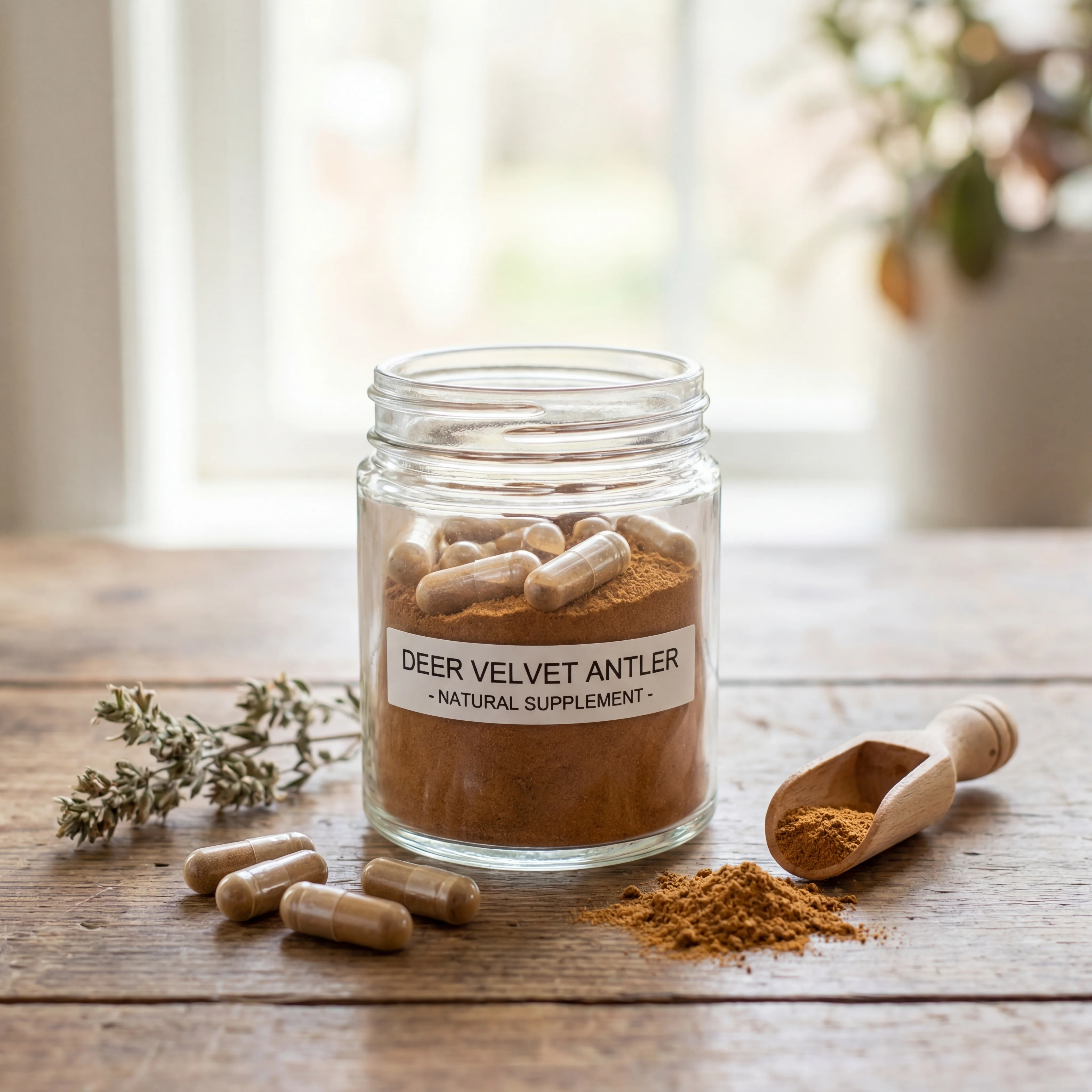 Glass jar of deer velvet antler supplement powder with capsules and wooden scoop on a rustic table