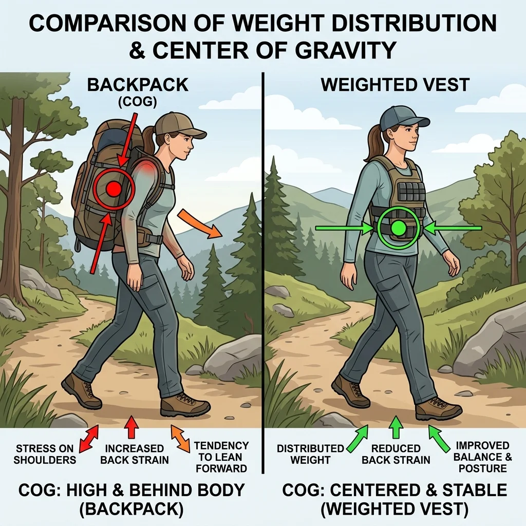 Comparison of weight distribution between a hiking backpack and a weighted vest showing center of gravity differences