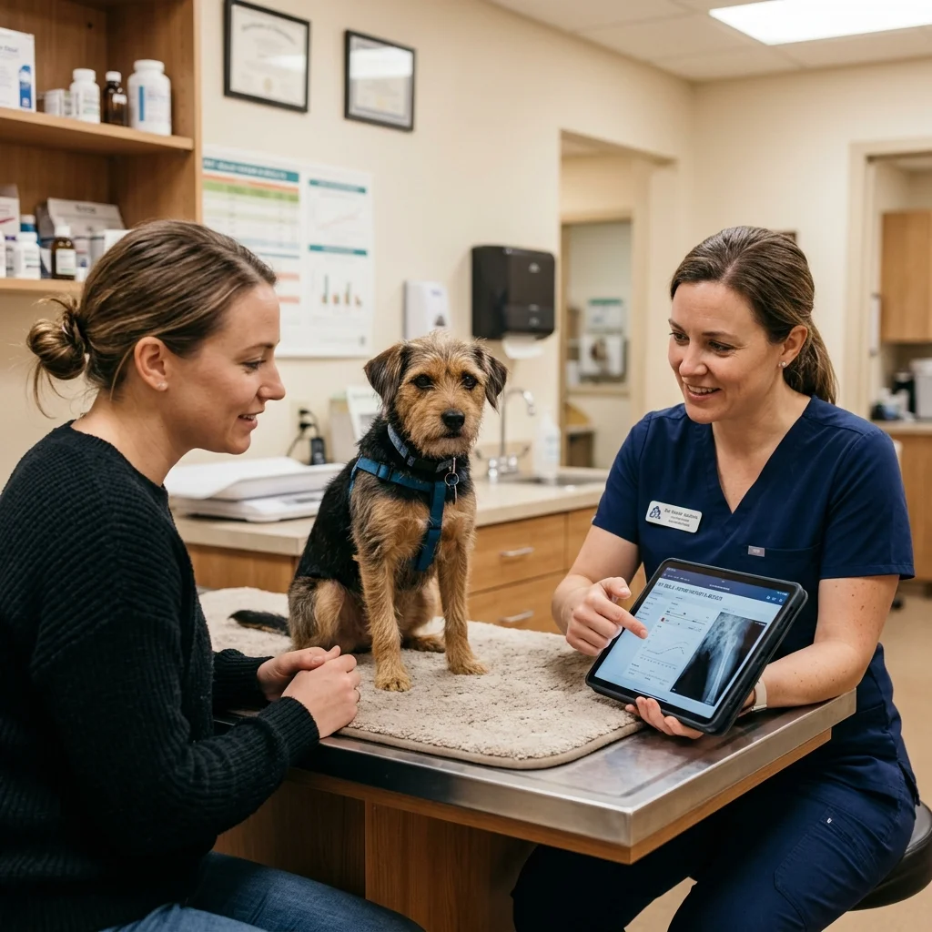 Veterinarian consulting with pet owner about supplement options while examining their dog