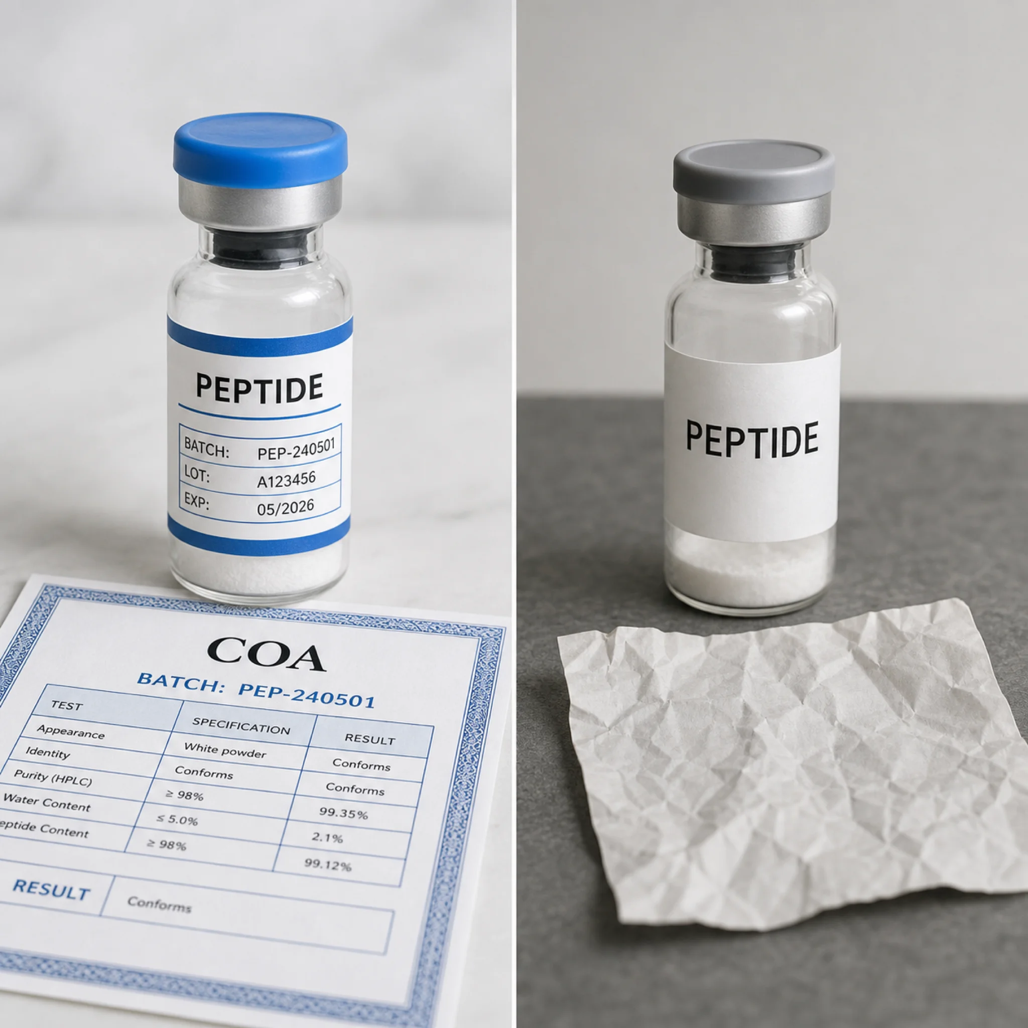 Comparison of properly labeled pharmaceutical peptide vial versus generic research-grade vial
