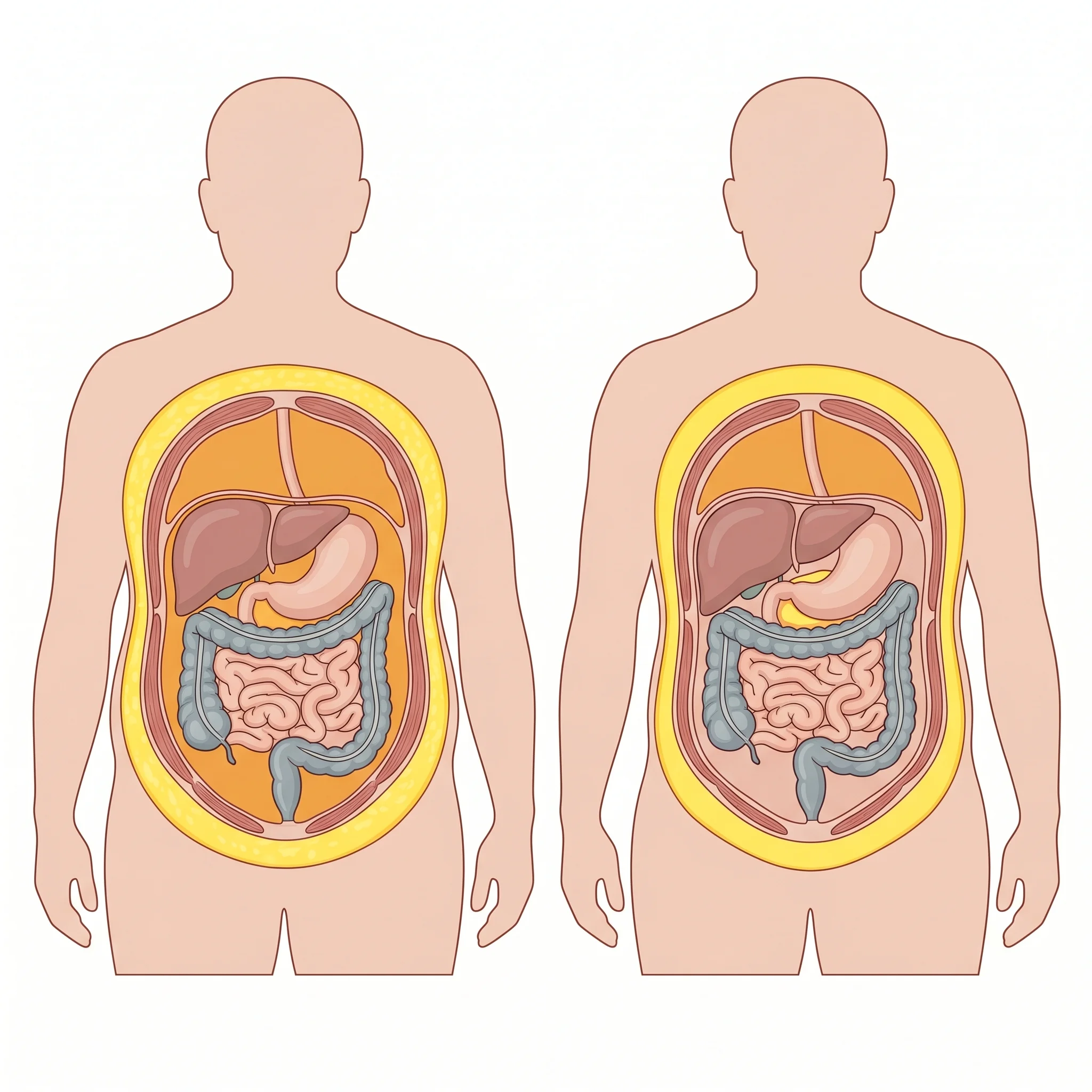Cross-section illustration comparing visceral abdominal fat before and after tesamorelin therapy