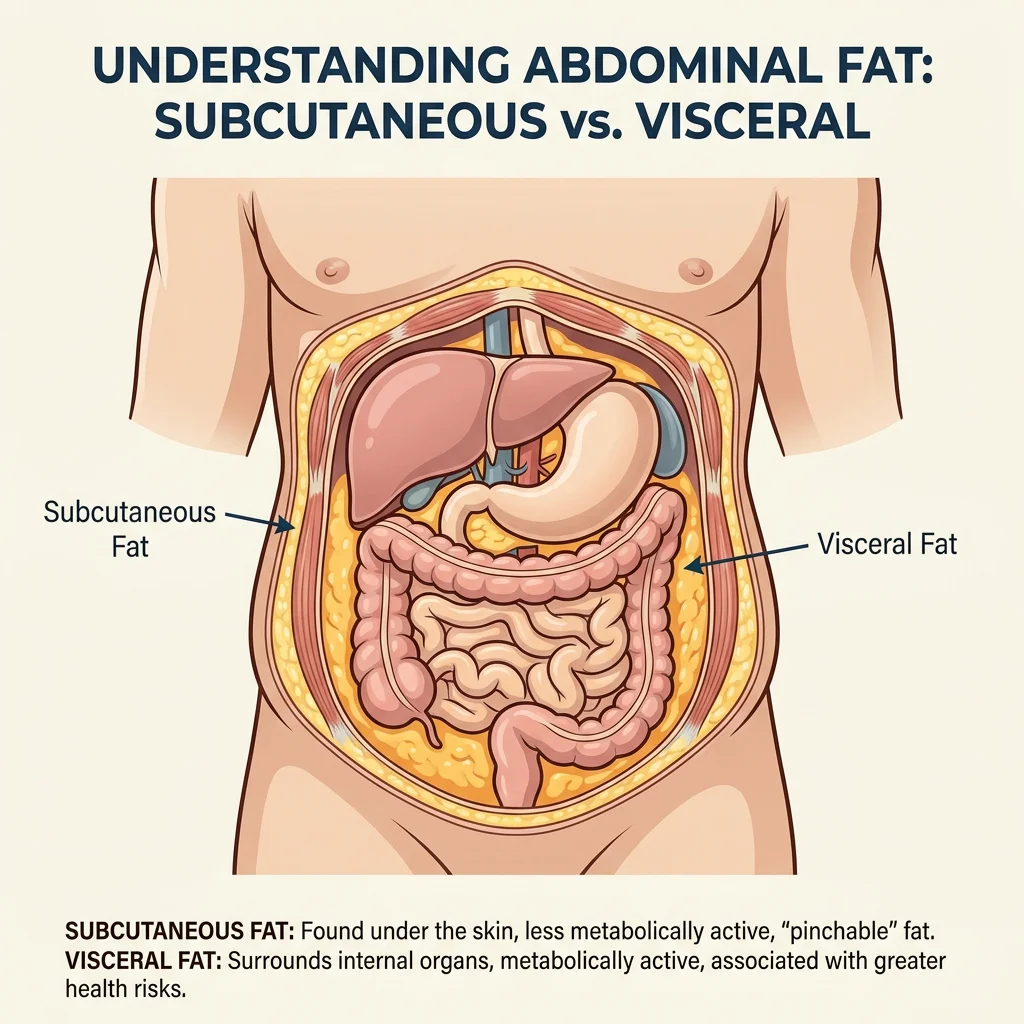 Cross-sectional anatomical illustration comparing visceral fat surrounding internal organs and subcutaneous fat beneath the skin