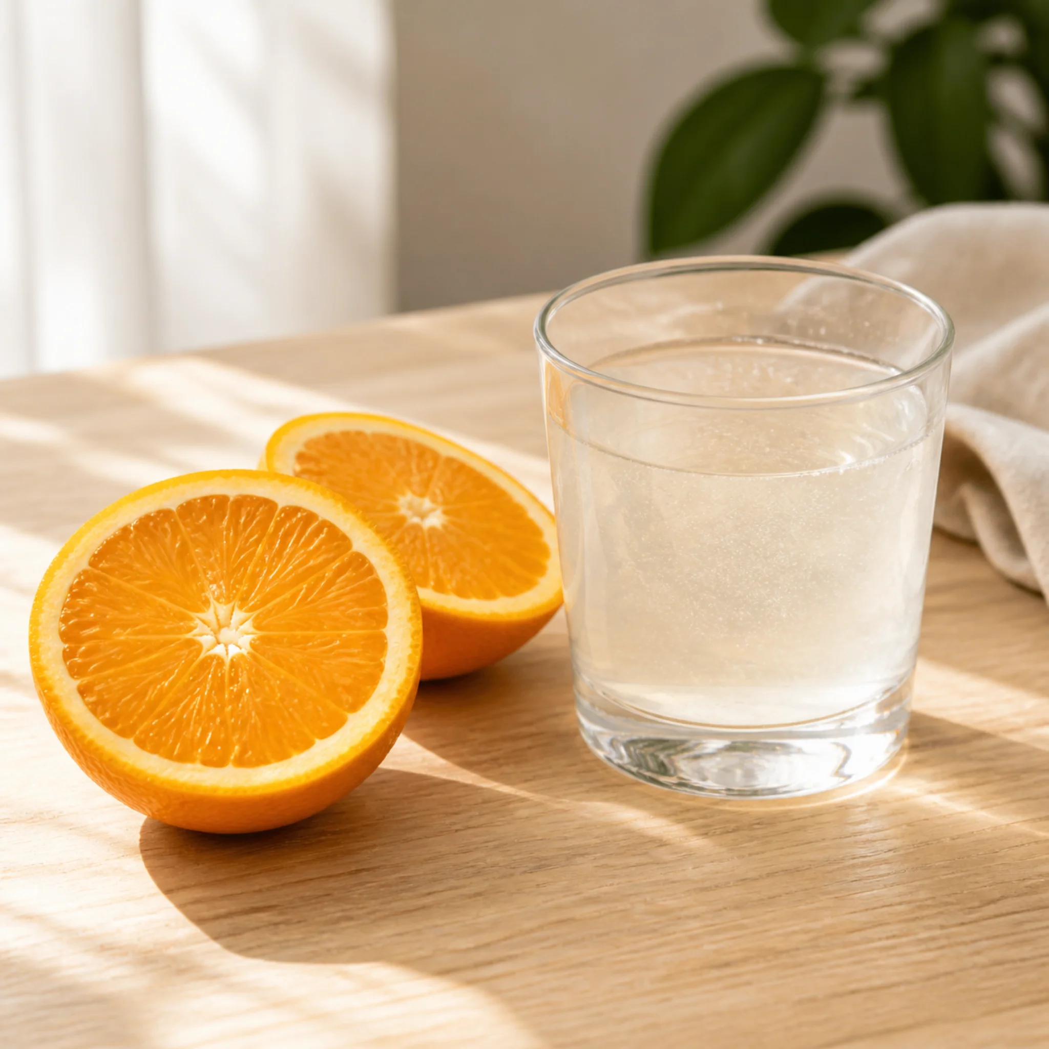An orange alongside a glass of dissolved collagen powder illustrating the vitamin C and collagen connection