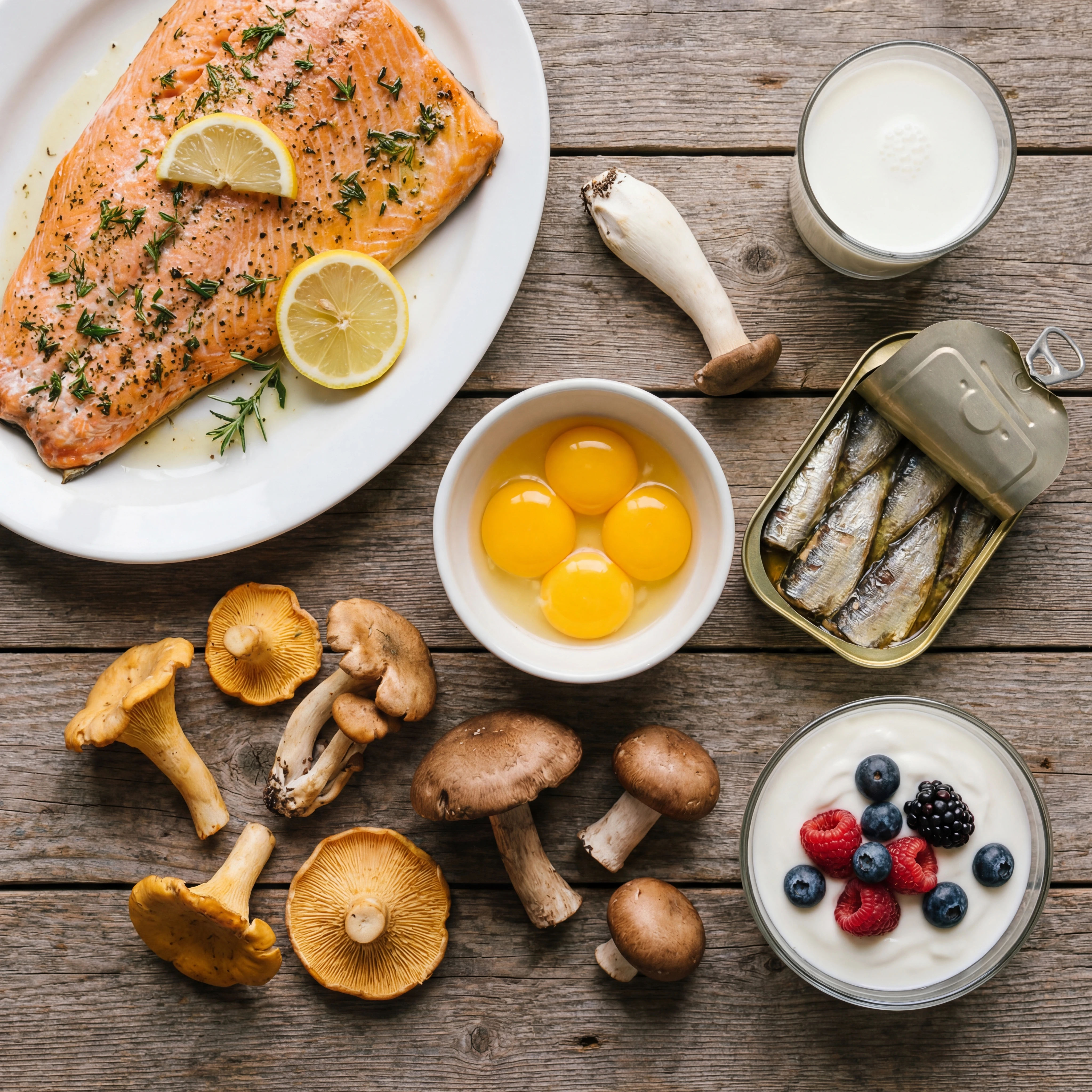 Overhead meal-prep style arrangement of salmon, eggs, mushrooms, and fortified dairy as practical vitamin D food sources.