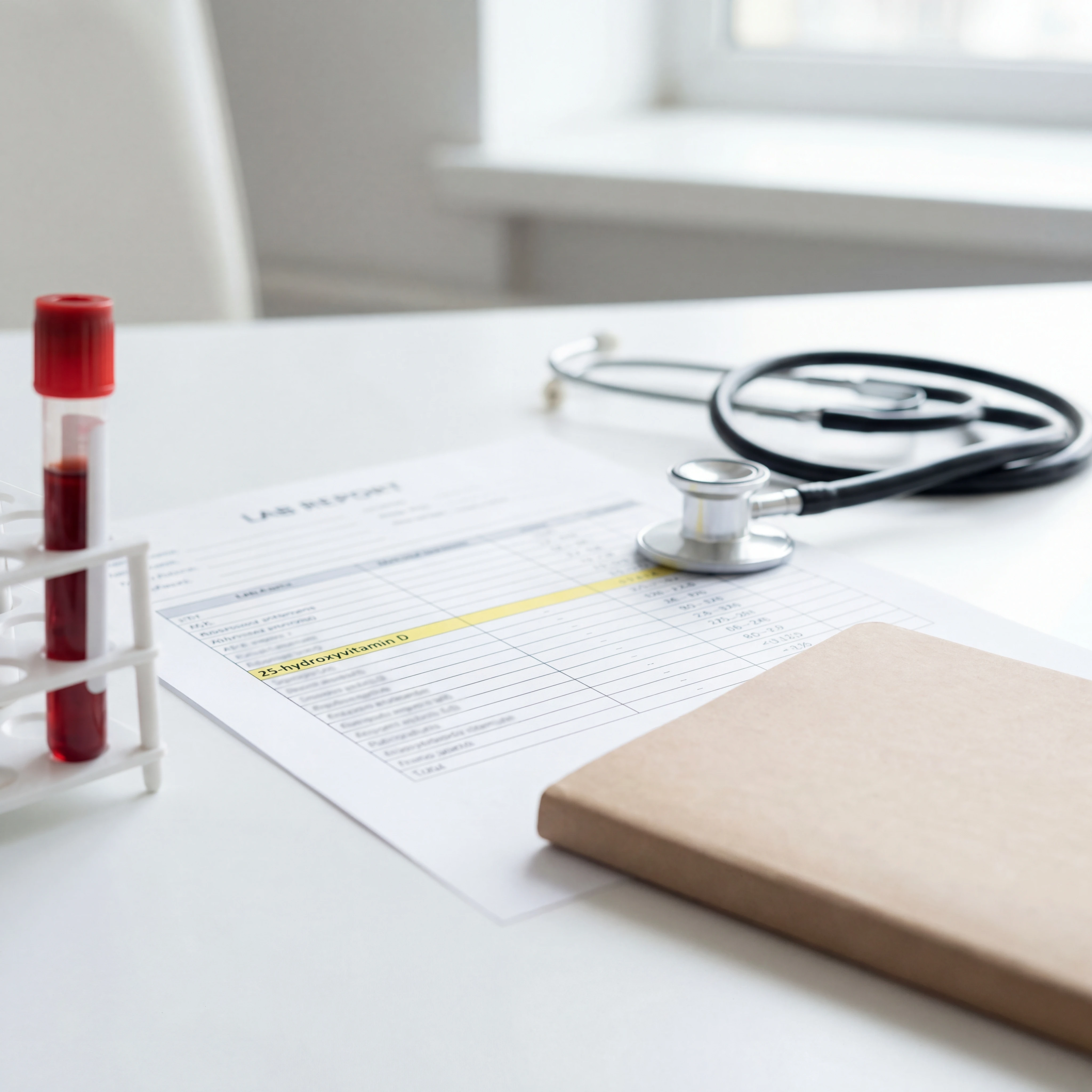 Clinical desk setup with blood tube and vitamin D lab report used to interpret 25-hydroxyvitamin D status.