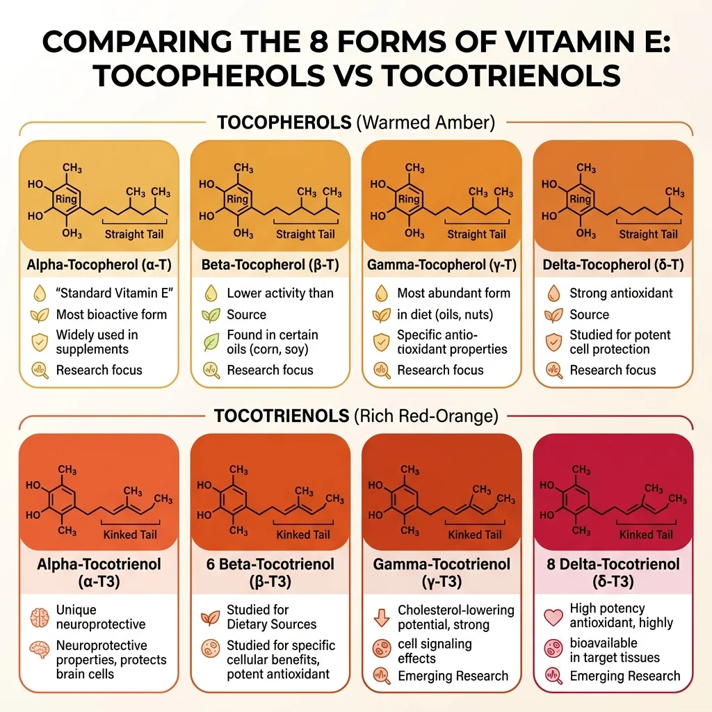 Infographic comparing the eight forms of vitamin E showing structural differences between tocopherols and tocotrienols