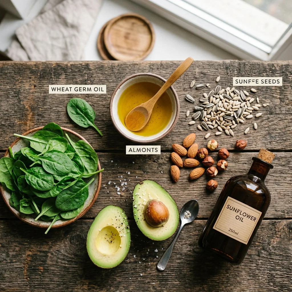 Top vitamin E food sources including wheat germ oil, sunflower seeds, almonds, hazelnuts, and spinach arranged on wooden surface