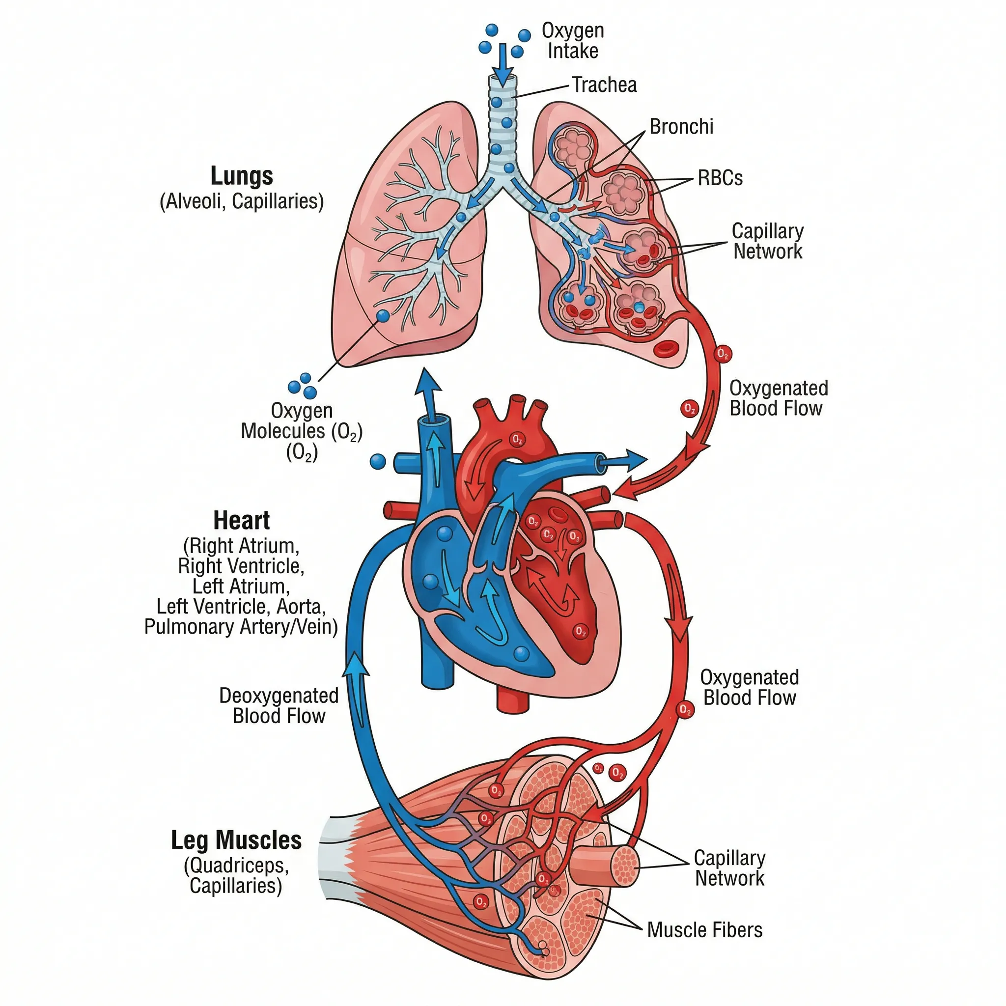 Diagram showing how lungs, heart, and skeletal muscles work together to deliver and use oxygen during exercise