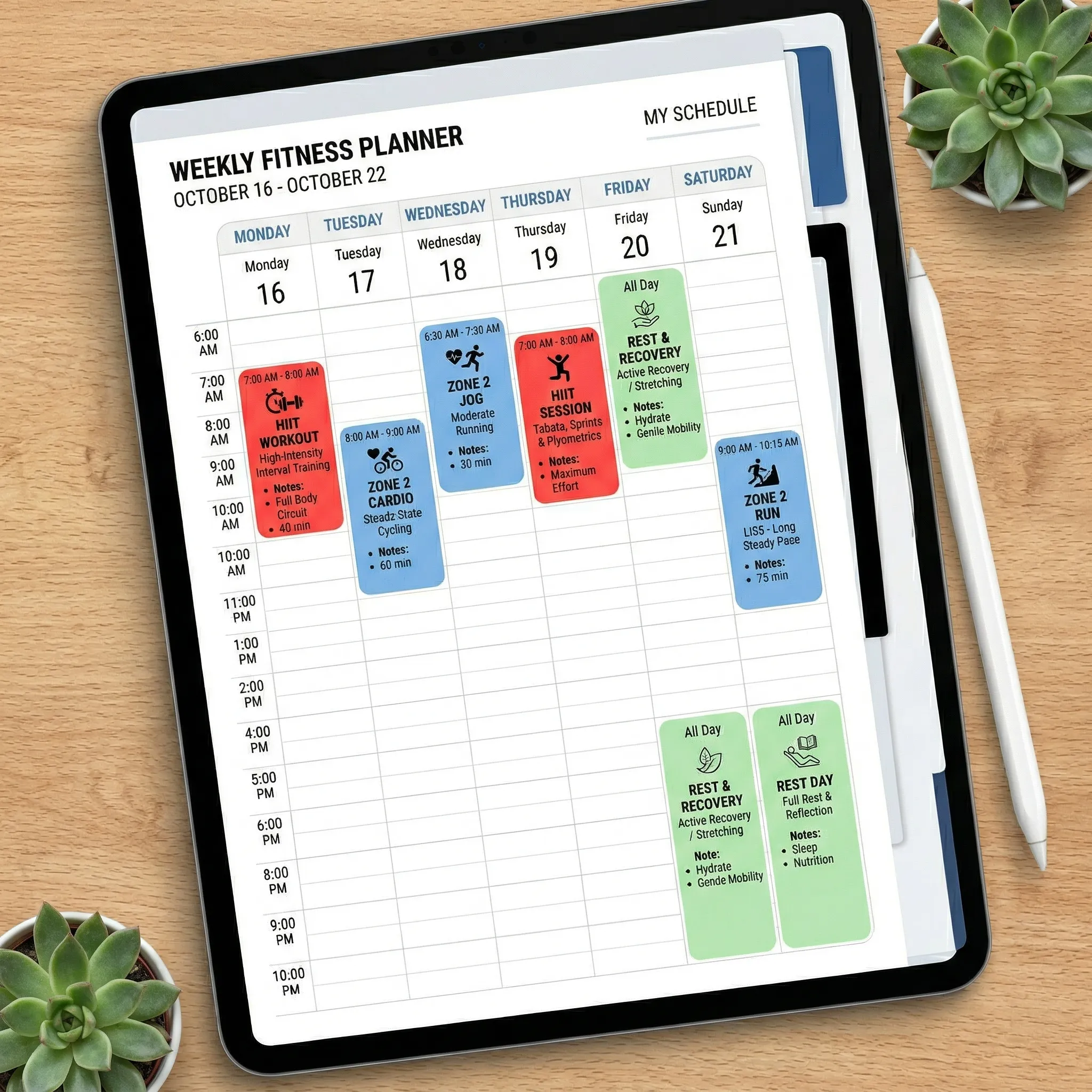 Weekly training schedule showing how to combine HIIT sessions with zone 2 aerobic sessions for optimal VO2 max improvement