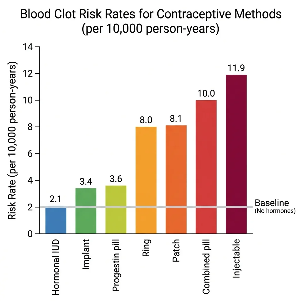 Bar chart comparing venous thromboembolism rates across different contraceptive methods per ten thousand person years