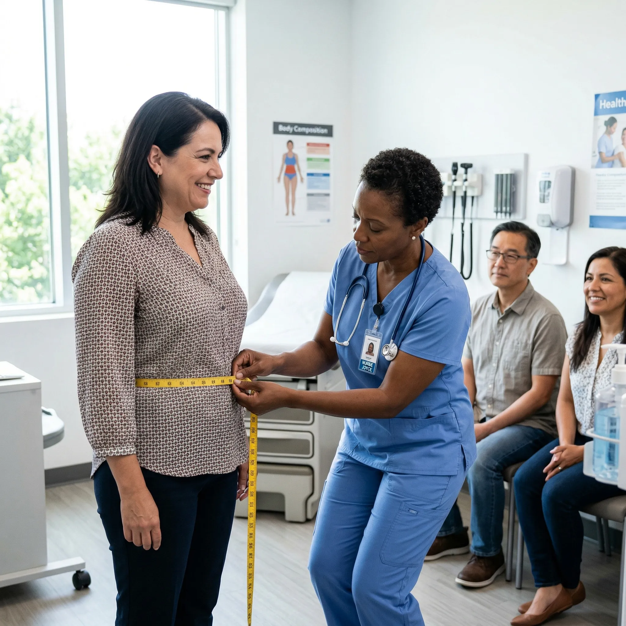 Healthcare professional measuring waist circumference
