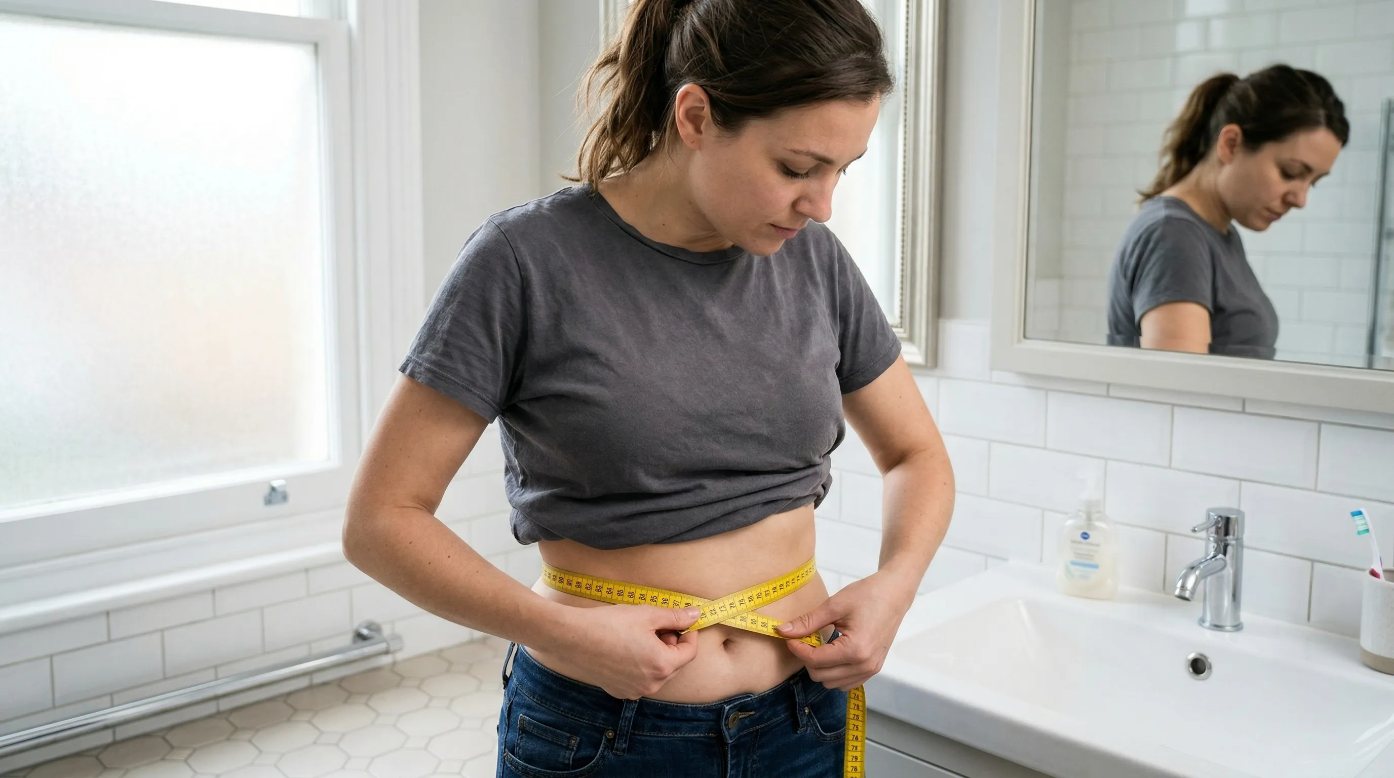 Demonstration of correct waist circumference measurement at the navel with a soft tape measure