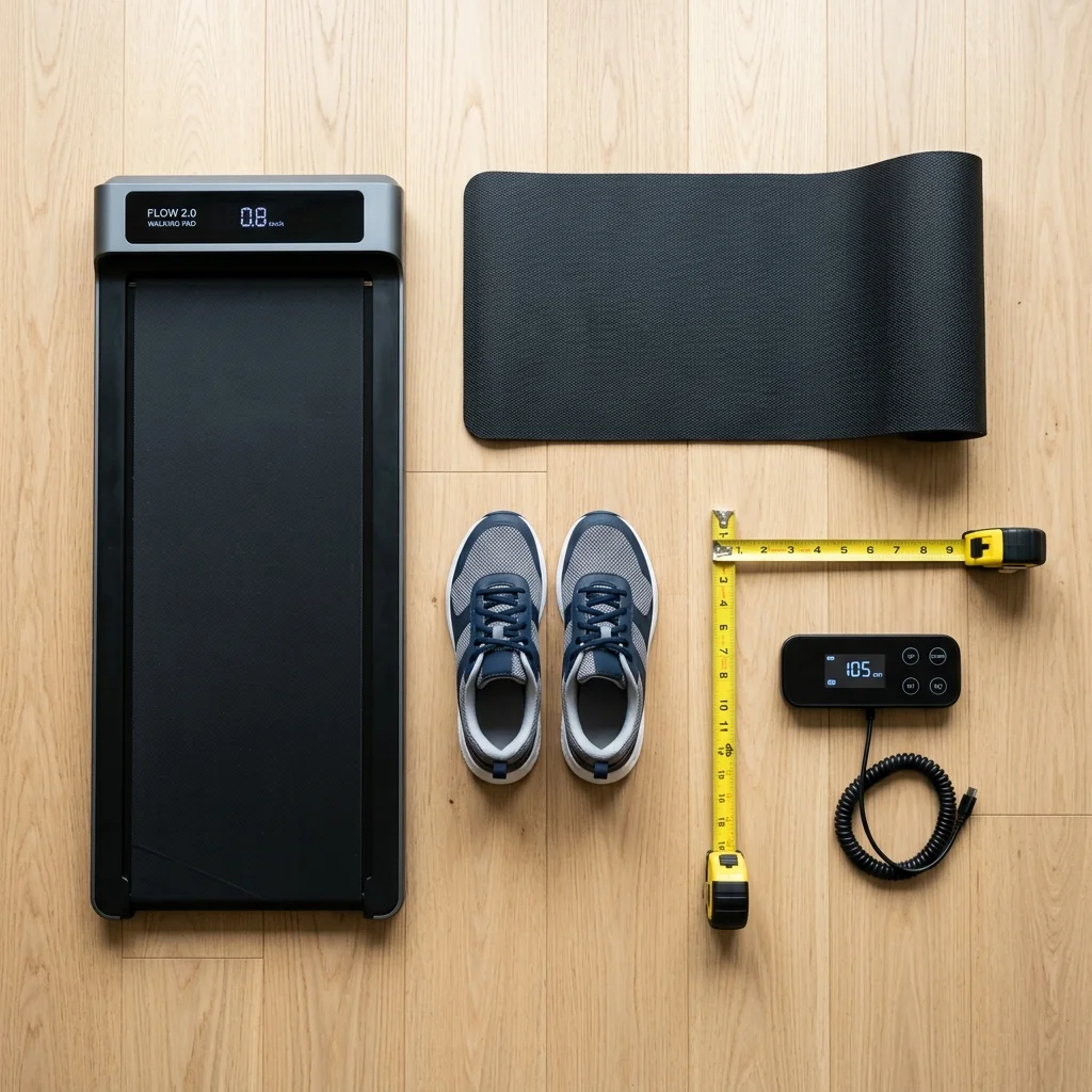 Essential accessories for setting up a walking pad workstation including proper shoes, anti-vibration mat, and height-adjustable desk controls