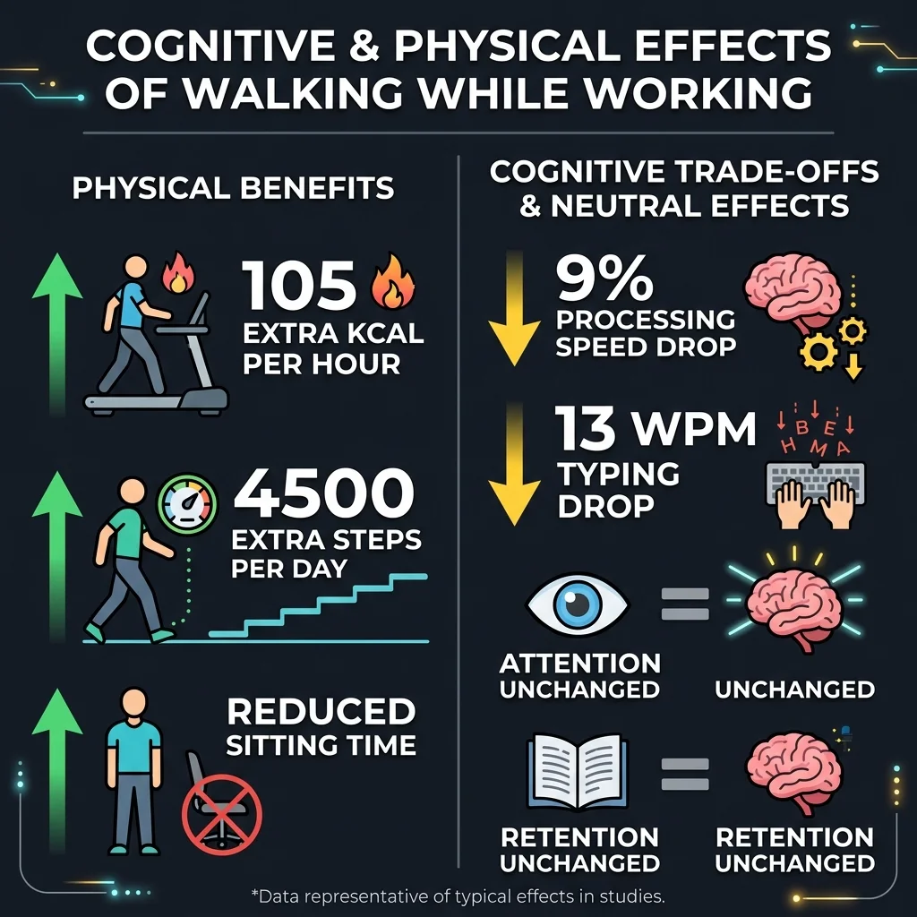 Infographic comparing the physical benefits and cognitive trade-offs of using a walking pad while working