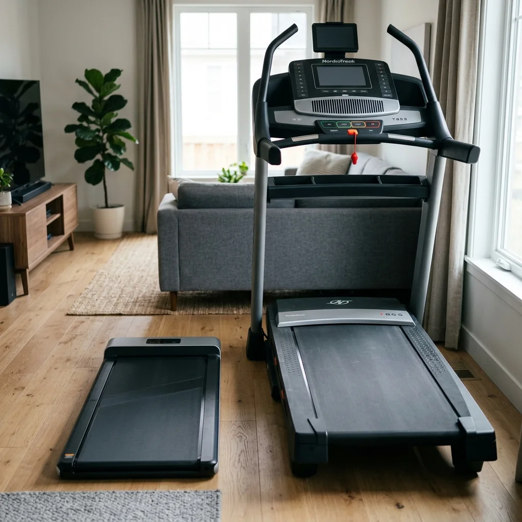 Size comparison between a compact walking pad and a full-size treadmill