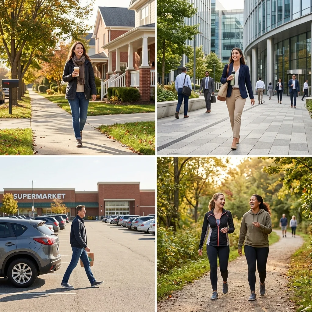 Split image showing four practical walking scenarios: morning coffee walk, lunch break walk, parking farther away, and walking with a friend