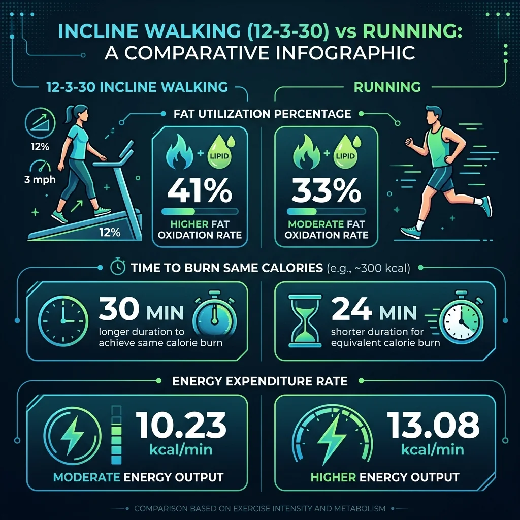 Infographic comparing metabolic responses of 12-3-30 walking versus self-paced running from UNLV study