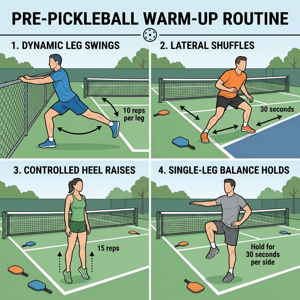 Four-step pre-pickleball warm-up routine showing dynamic leg swings, lateral shuffles, heel raises, and balance holds