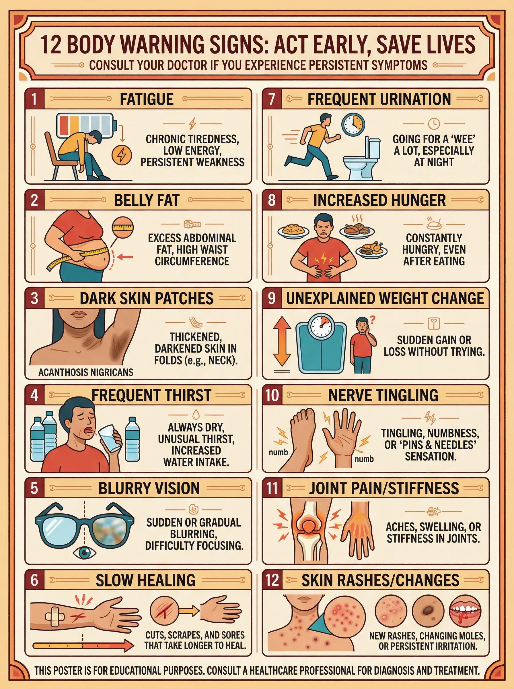 Infographic listing twelve warning signs of insulin resistance organized from early to late stage indicators
