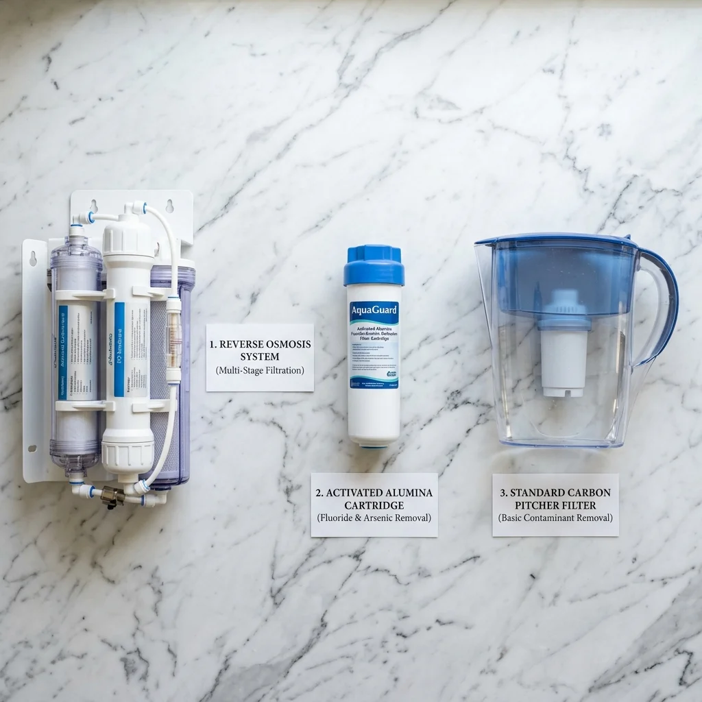 Three types of water filters compared: reverse osmosis system, activated alumina cartridge, and standard carbon pitcher filter
