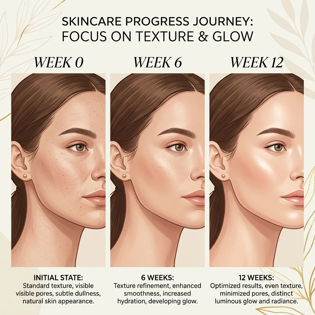 Illustrated week 0 to week 12 skincare texture progress
