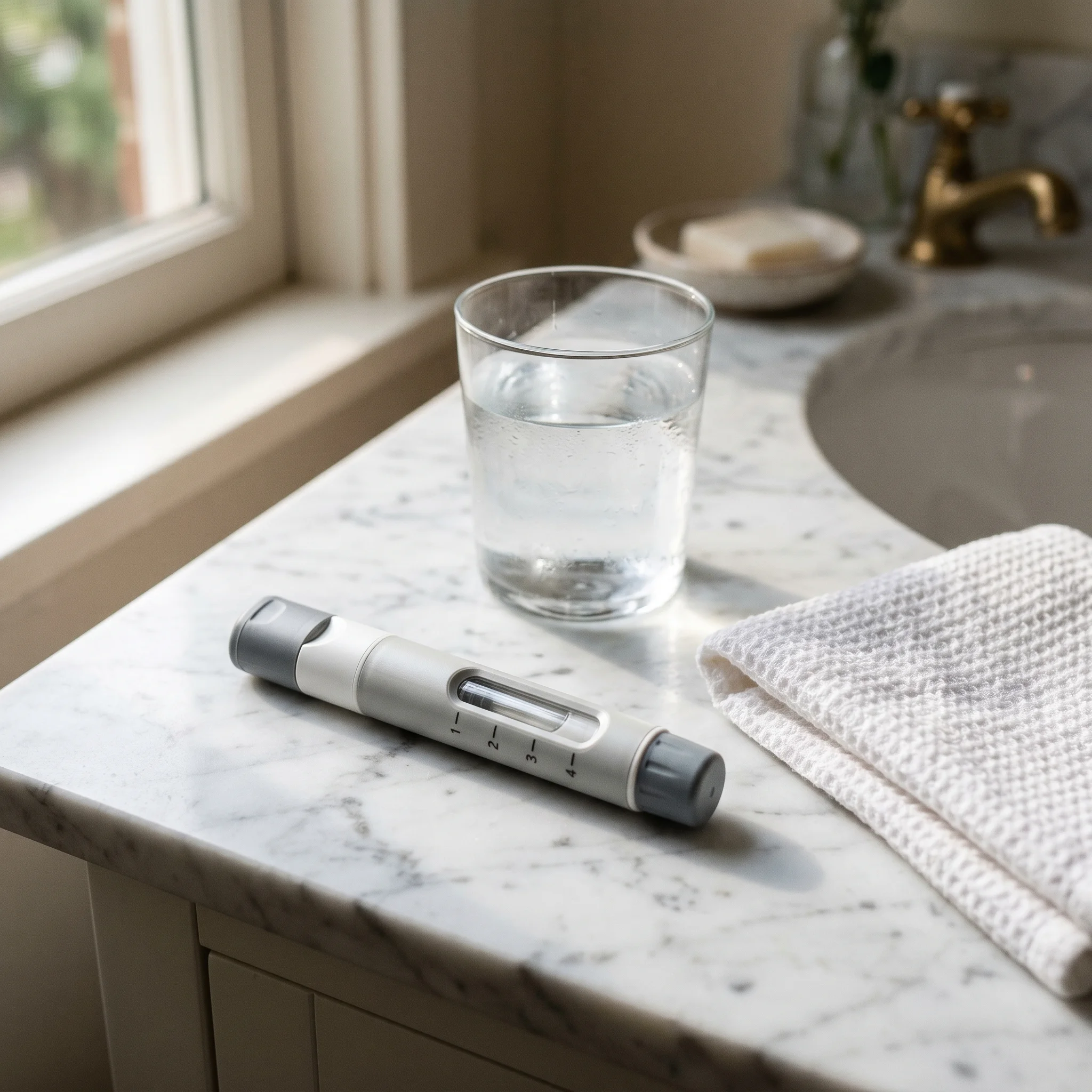 Once-weekly subcutaneous injection pen on a bathroom counter, the typical at-home administration of GLP-1 weight loss medications