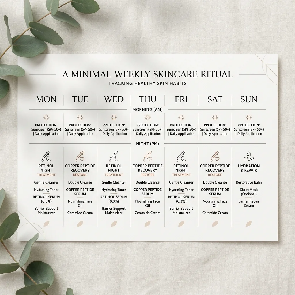 Weekly calendar showing retinol nights and copper peptide recovery nights