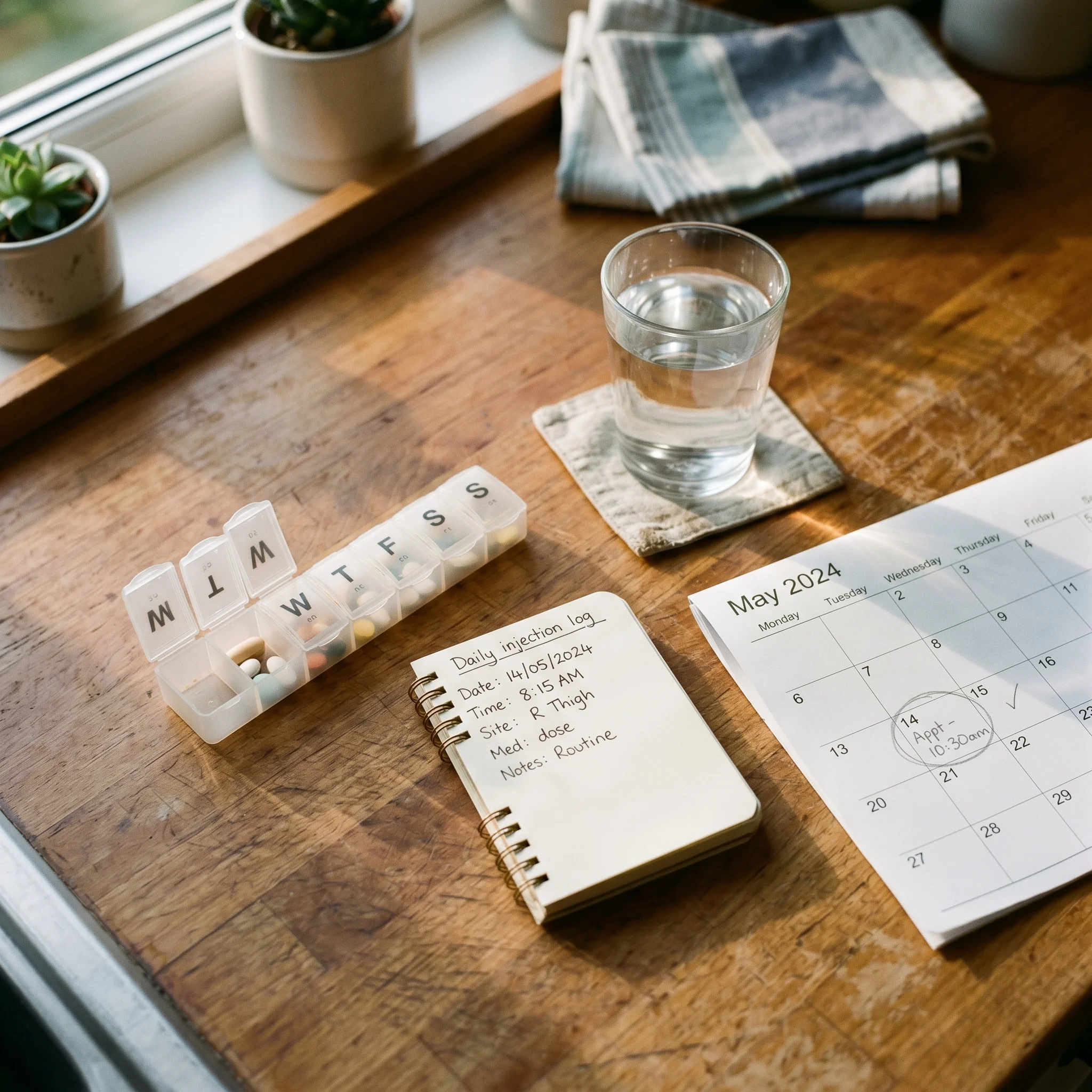 Weekly injection routine setup on a kitchen counter with calendar and water glass