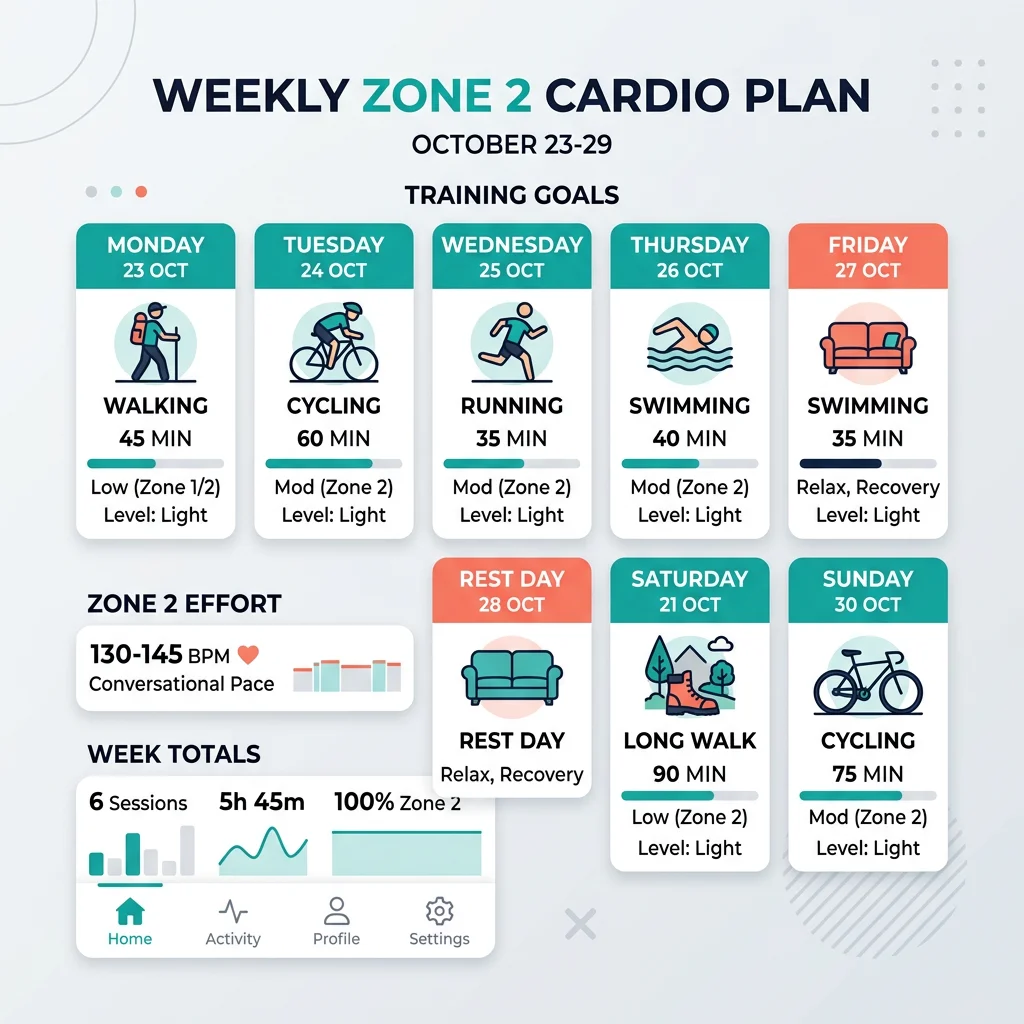 Sample weekly zone 2 training schedule showing three to five sessions of walking, cycling, and swimming distributed across the week