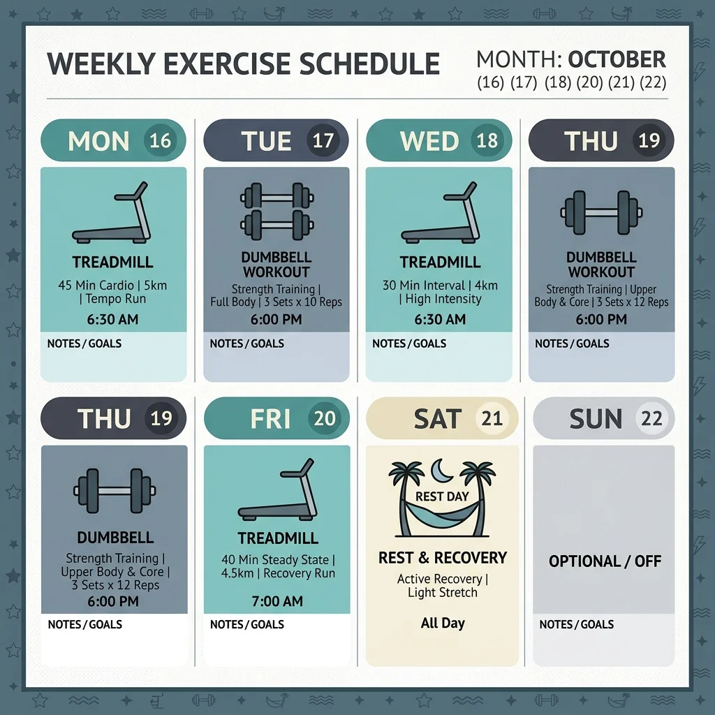Weekly exercise schedule showing 12-3-30 treadmill days alternating with strength training and rest days