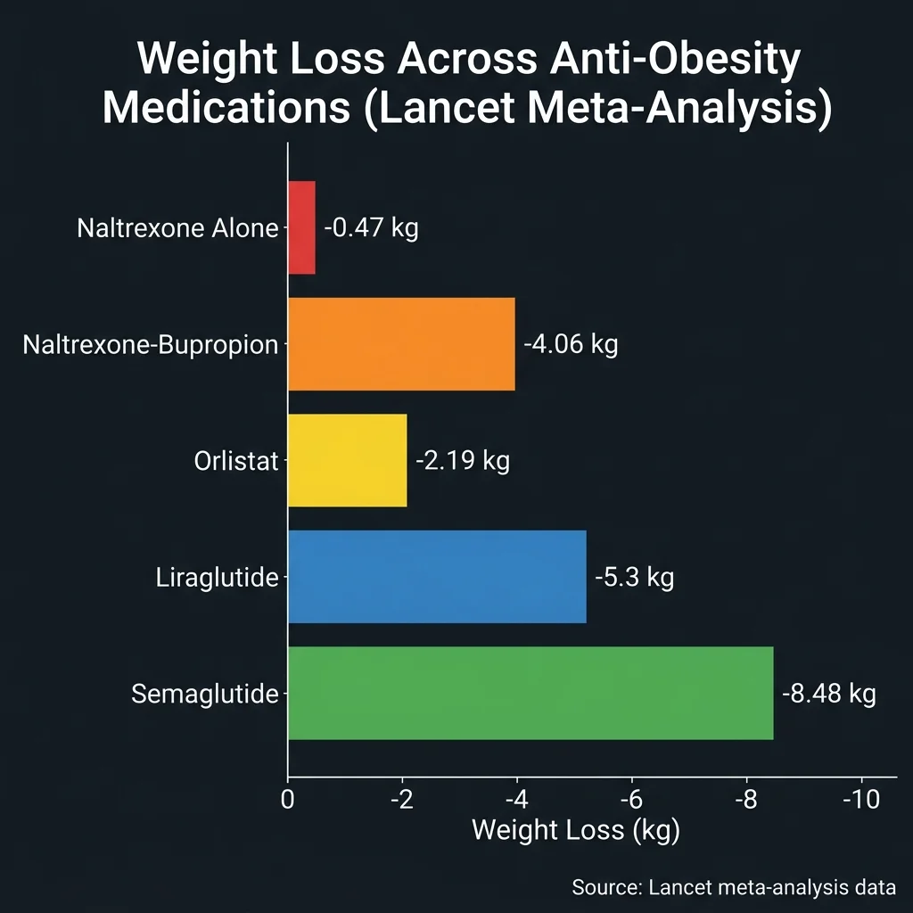 Bar chart comparing weight loss achieved by naltrexone alone, naltrexone-bupropion, orlistat, liraglutide, and semaglutide
