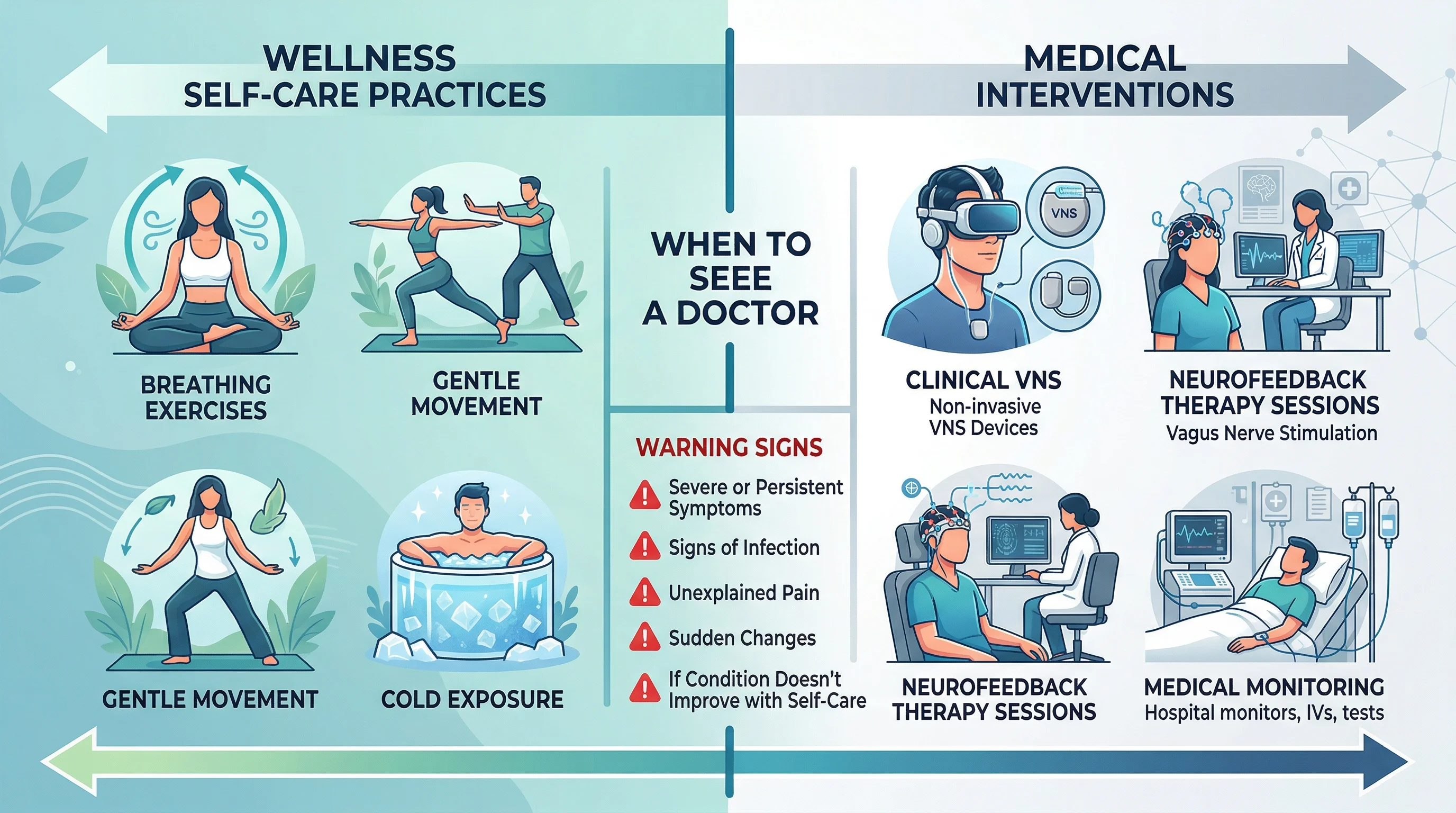 Spectrum showing the continuum from neurowellness self-care practices to medical interventions
