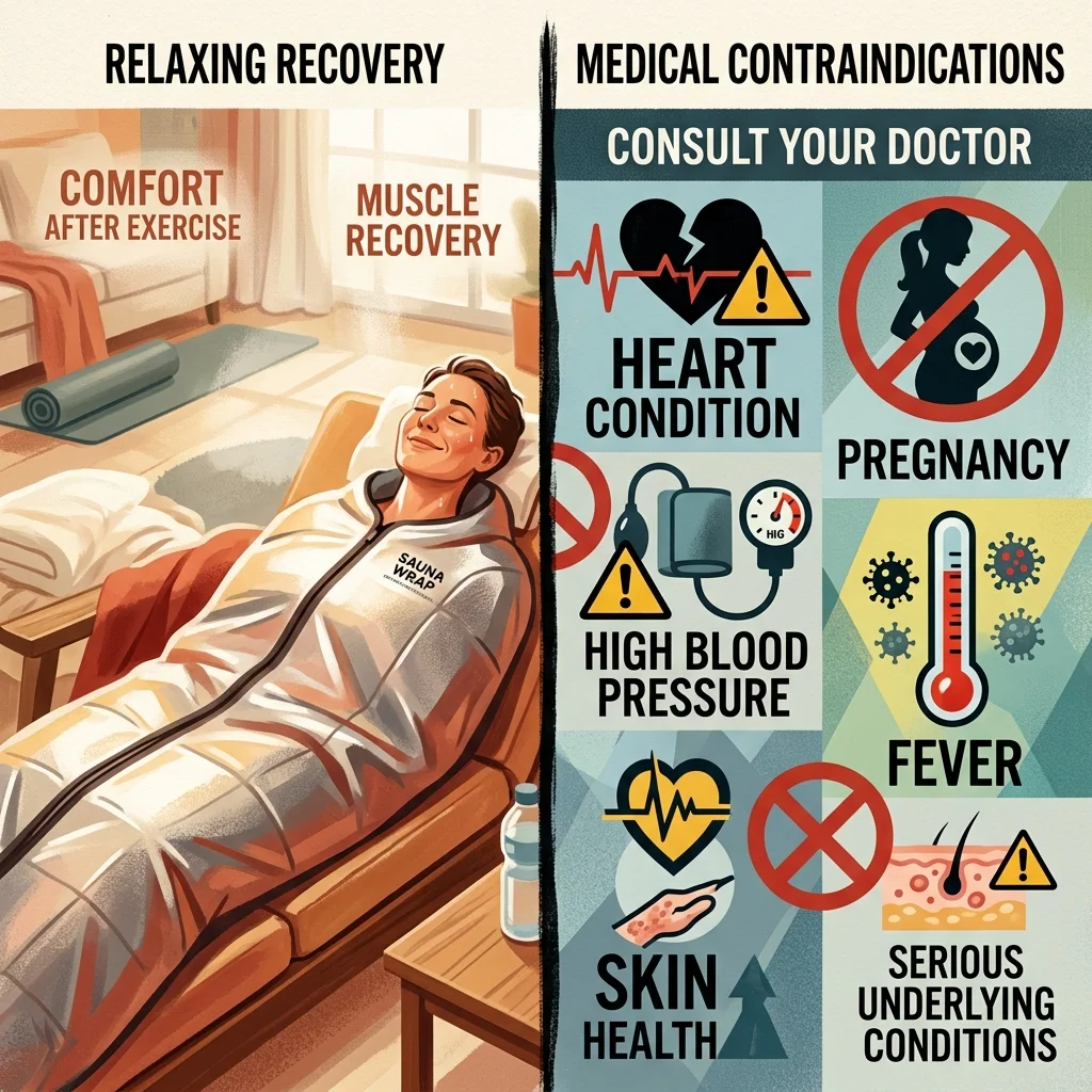 Split illustration showing ideal sauna blanket use case on one side and medical contraindication warnings on the other